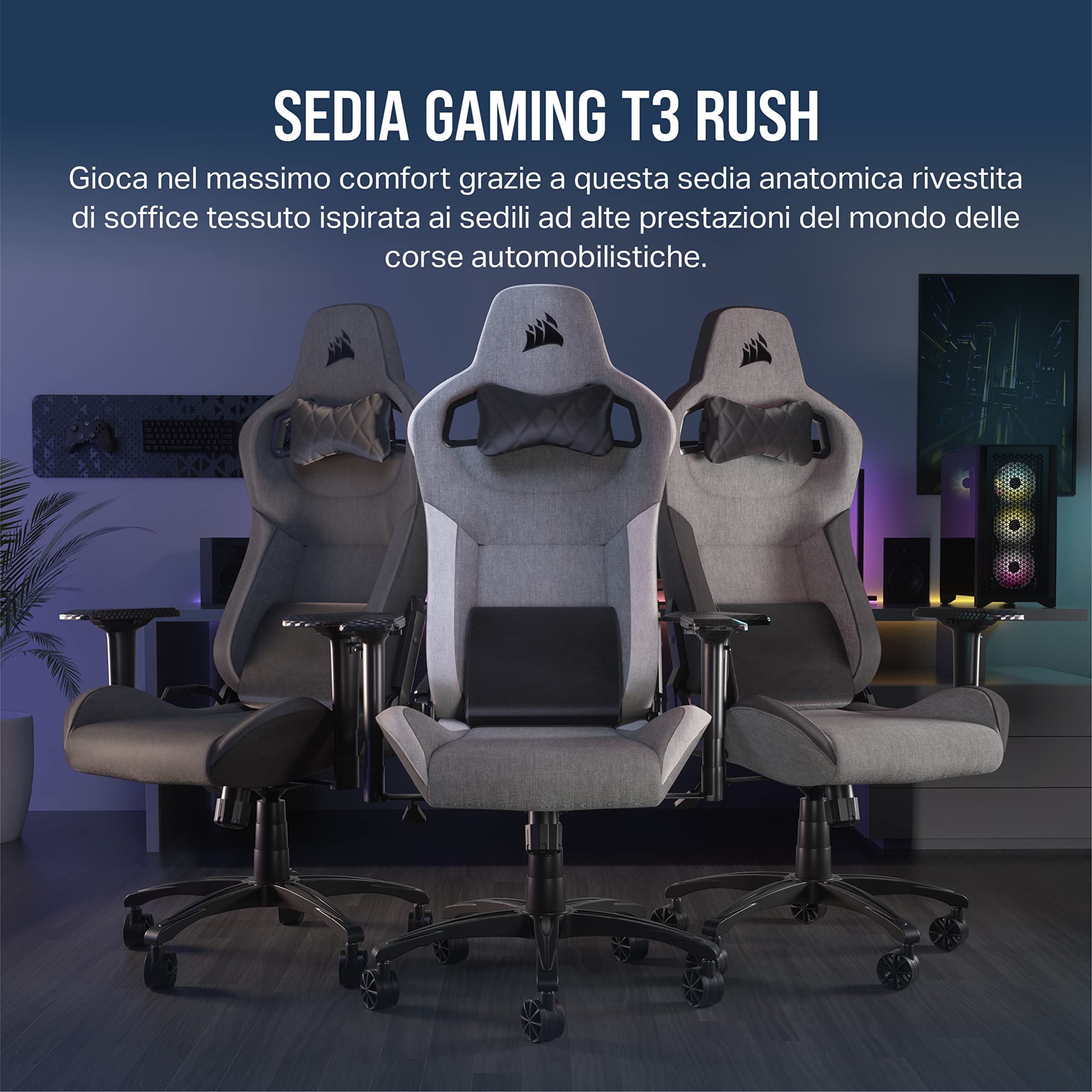 Corsair T3 RUSH Fabric (2023) Sedia da Gioco, Tessuto Esterno Morbido Traspirante, Cuscino Cervicale Regolabile e supporto Lombare in Memory Foam, Nero (Carbone)
