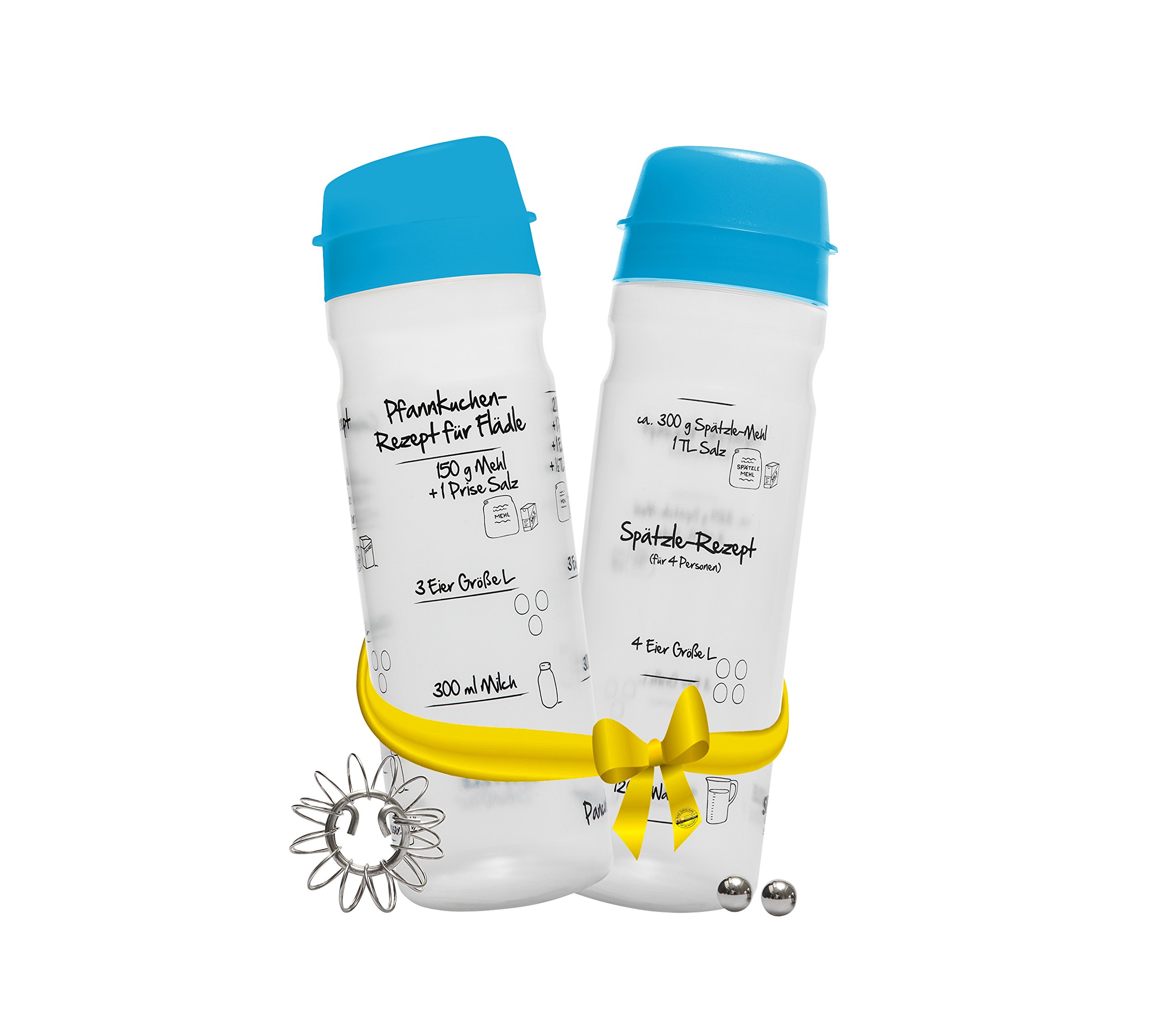 FOOD-SHAKER-SET mit 875ml-Pfannkuchen-Shaker + 4-Portionen-Spätzle-Shaker Teigmixer mit Spätzlepresse und Portionierer Patentiert Made in Germany in der Farbe BLAU