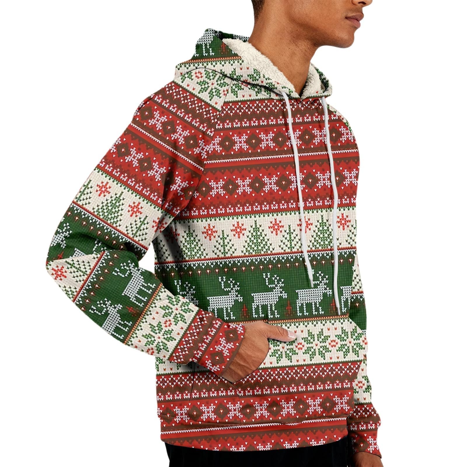 Sudaderas con capucha de Navidad forradas de forro polar para hombre divertidos renos árbol de Navidad sudaderas oversize de manga larga top cálido sherpa suéter novedad traje de Navidad ropa de