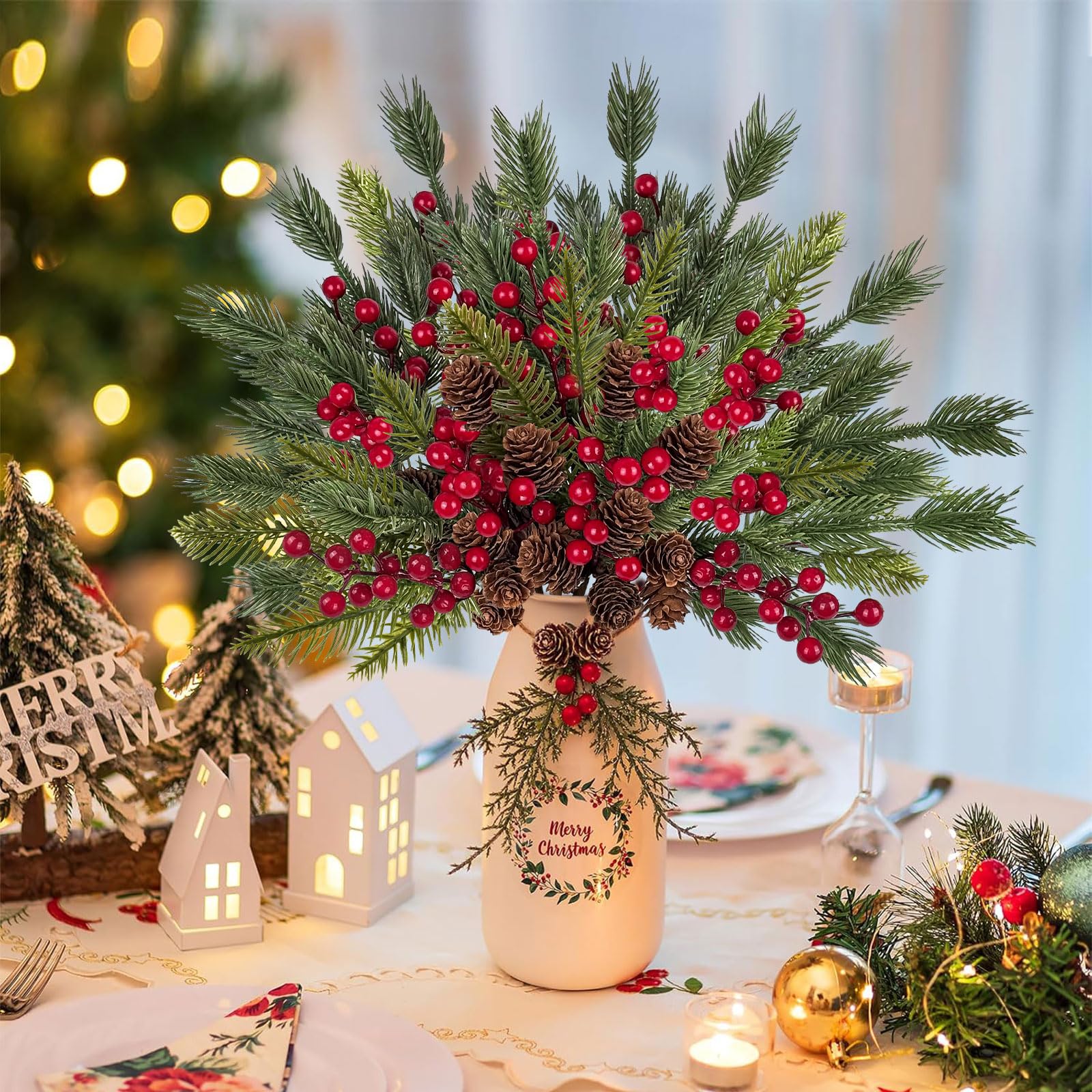 ICX Künstliche Tannenzweige mit Beeren, künstlicher Weihnachtsstiel, 10