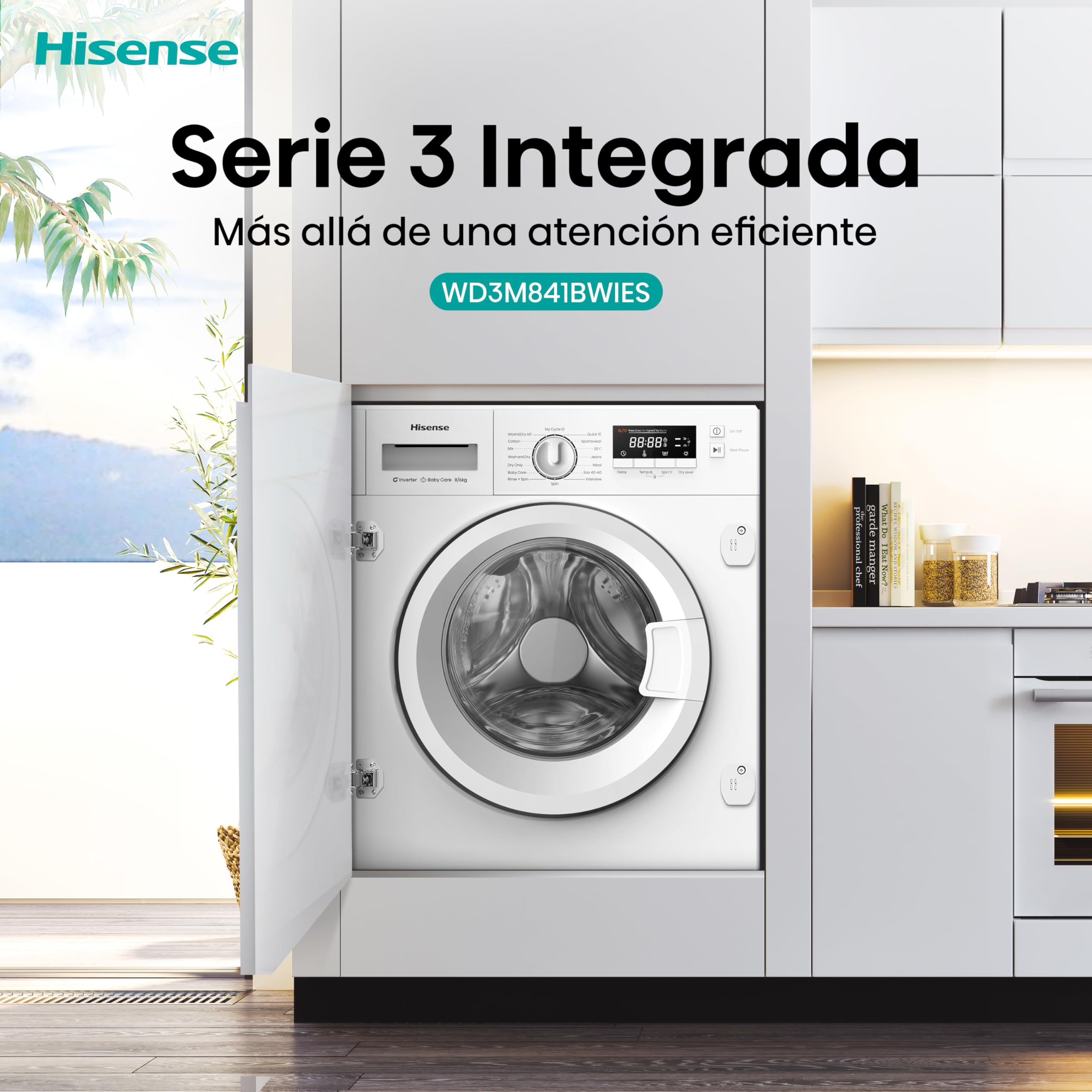 Hisense WD3M841BWIES - Lavasecadora, Clase E/B, 8kg/6 kg, Lavado Secado 1h, Pausar y Añadir, Finalización Diferida, Tecnología Inverter, Blanco