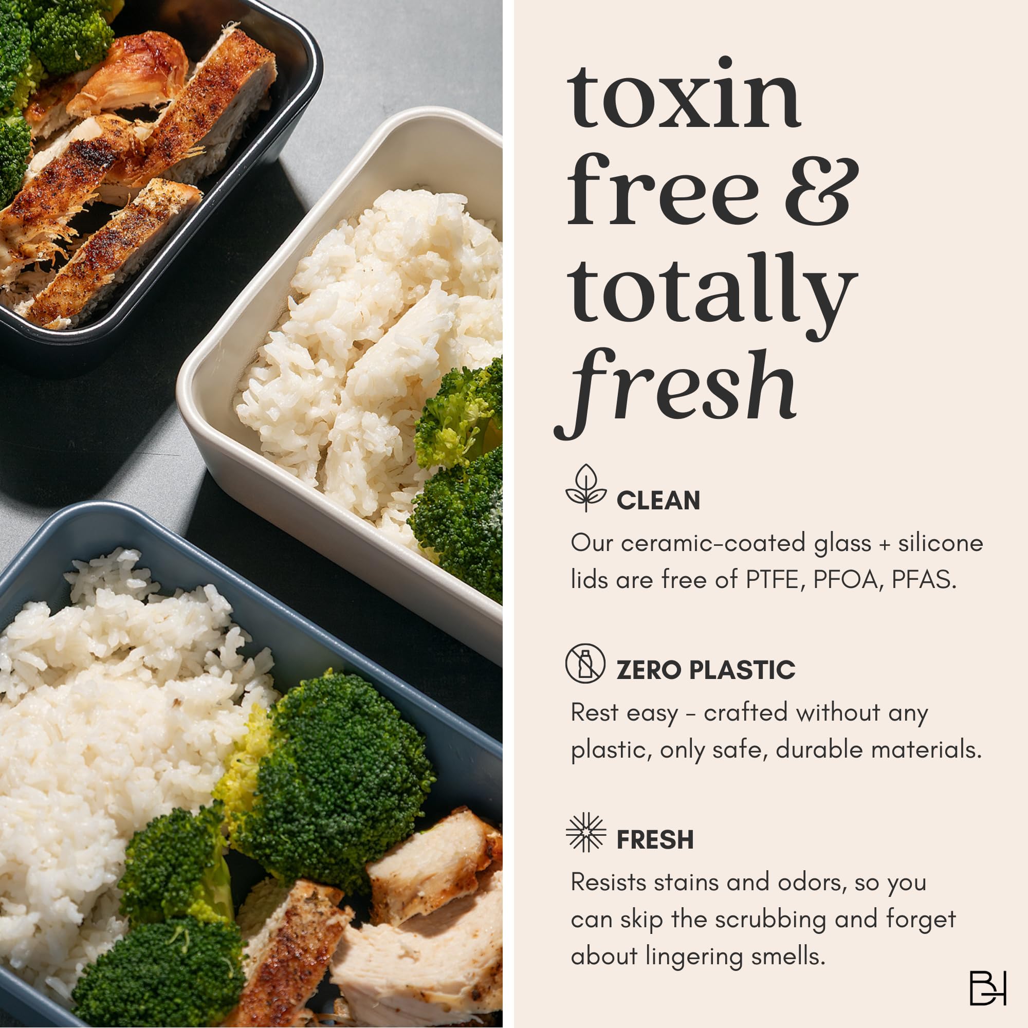 Recipiente de almacenamiento de alimentos de vidrio recubierto de cerámica | Sin PTFE, PFOA, PFAS y BPA | Recipiente reutilizable no tóxico para preparación de comidas con tapa de vidrio