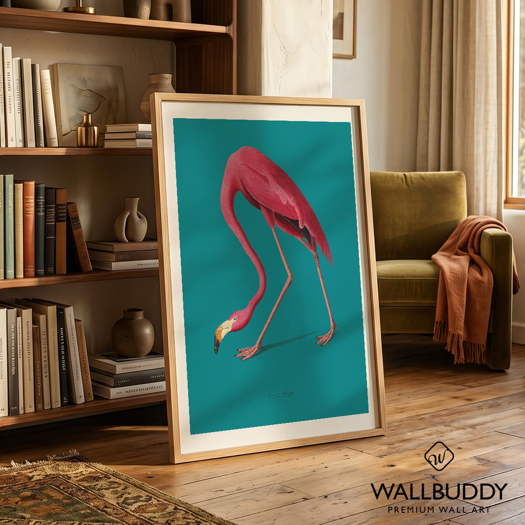 WallBUddy Flamingo Illustration Wandkunst Druck (30 x 40 cm, Eichenrahmen)