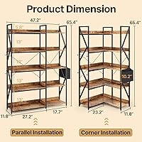 Vista 2 de Gizoon 5 Tier Corner Bookshelf, 65" H Reversible Bookshelf, Industrial Bookcase with 4 Hooks and Storage Basket, Sturdy Metal Frame, Adjustable