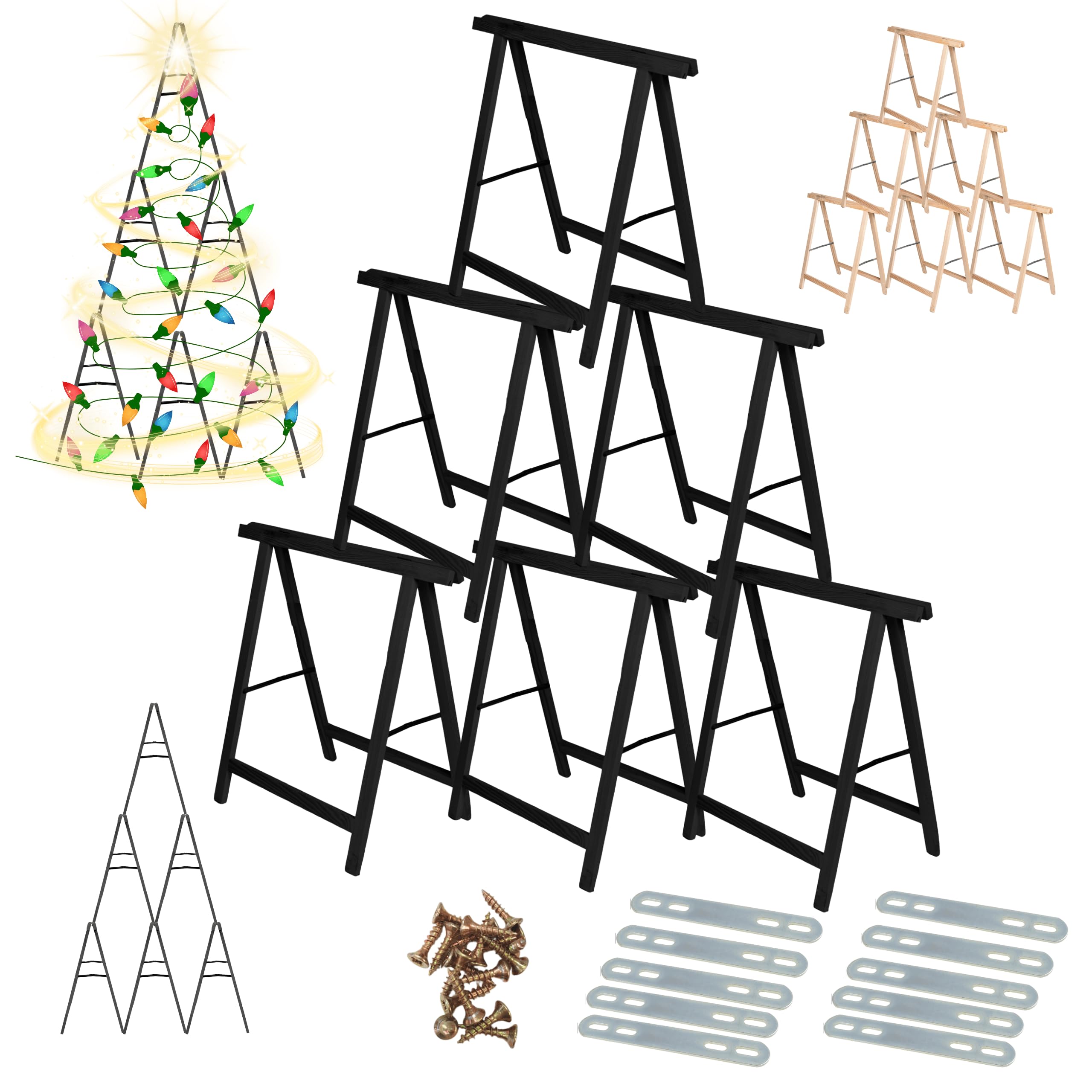 MODO24 Holzbock Sägebock 6er-Set DIY Tannenbaum 215x130x73 cm Schwarz