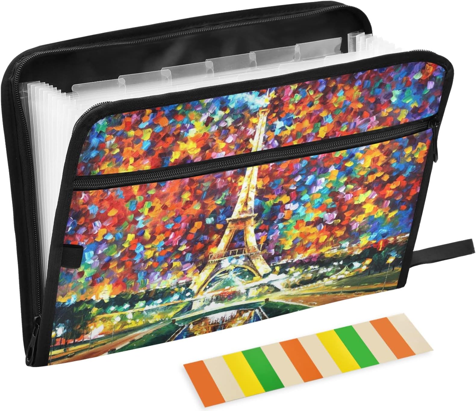ZZKKO Eiffel Tower Colorful 13 Pockets Expanding File Folder with Sticky Labels Accordion File Folder Document Organizer Letter Size A4 Papers Expandable File Keeper