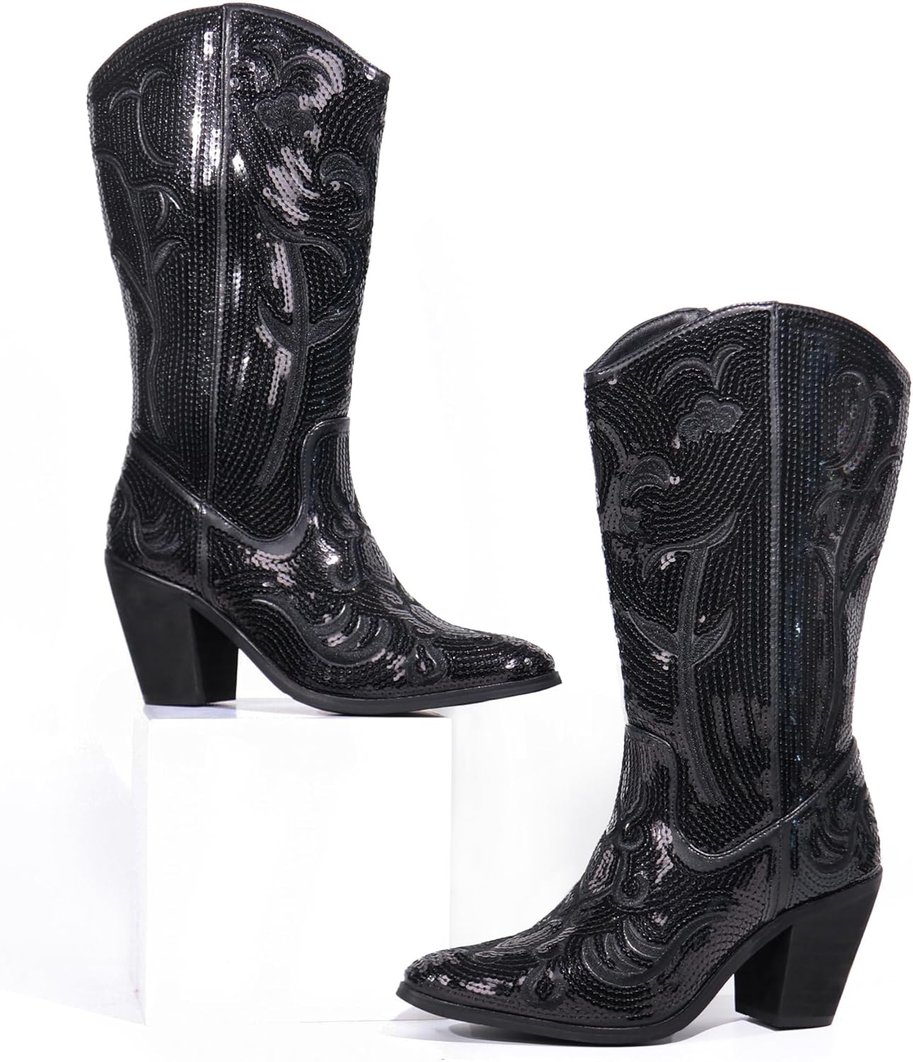 Hawkwell Women's Sequin Mid Calf Western Cowboy Boots Wide High Fashion... - Picture 24 of 30