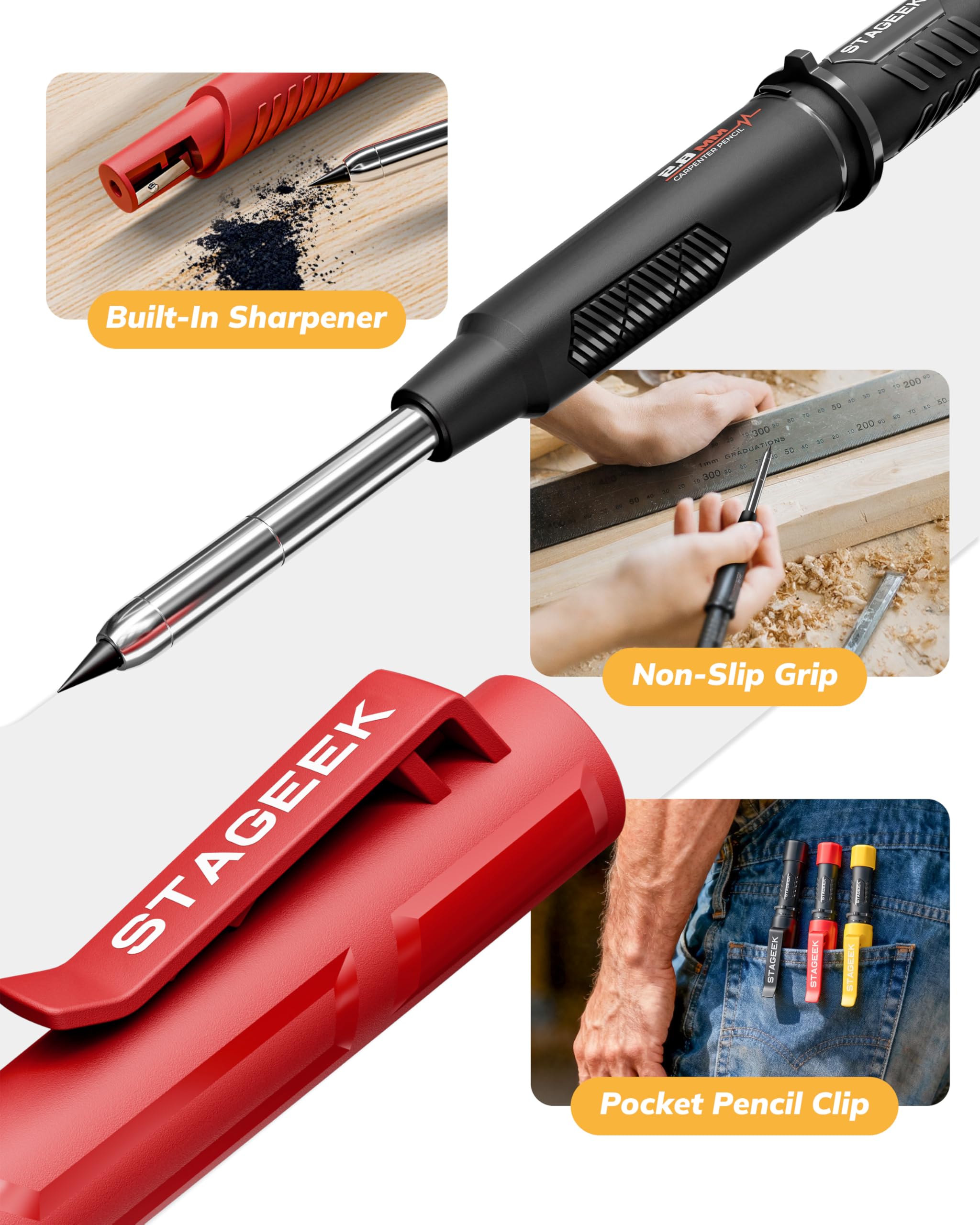 STAGEEK Lot de 4 Crayons Chantier Extensibles avec Holster, Taille Crayon, 76 Mines de Rechange, Pour Architecte, Menuisier, Bricolage, Dessin, Traçage sur Bois, Métal, Béton, Carrelage