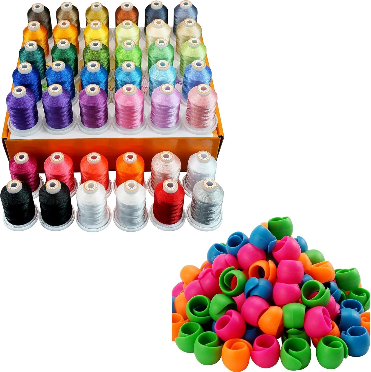 New brothread 42 Spools 1000M (1100Y) Polyester Embroidery Machine Thread Kit&New Brothread 100pcs Thread Spool Savers