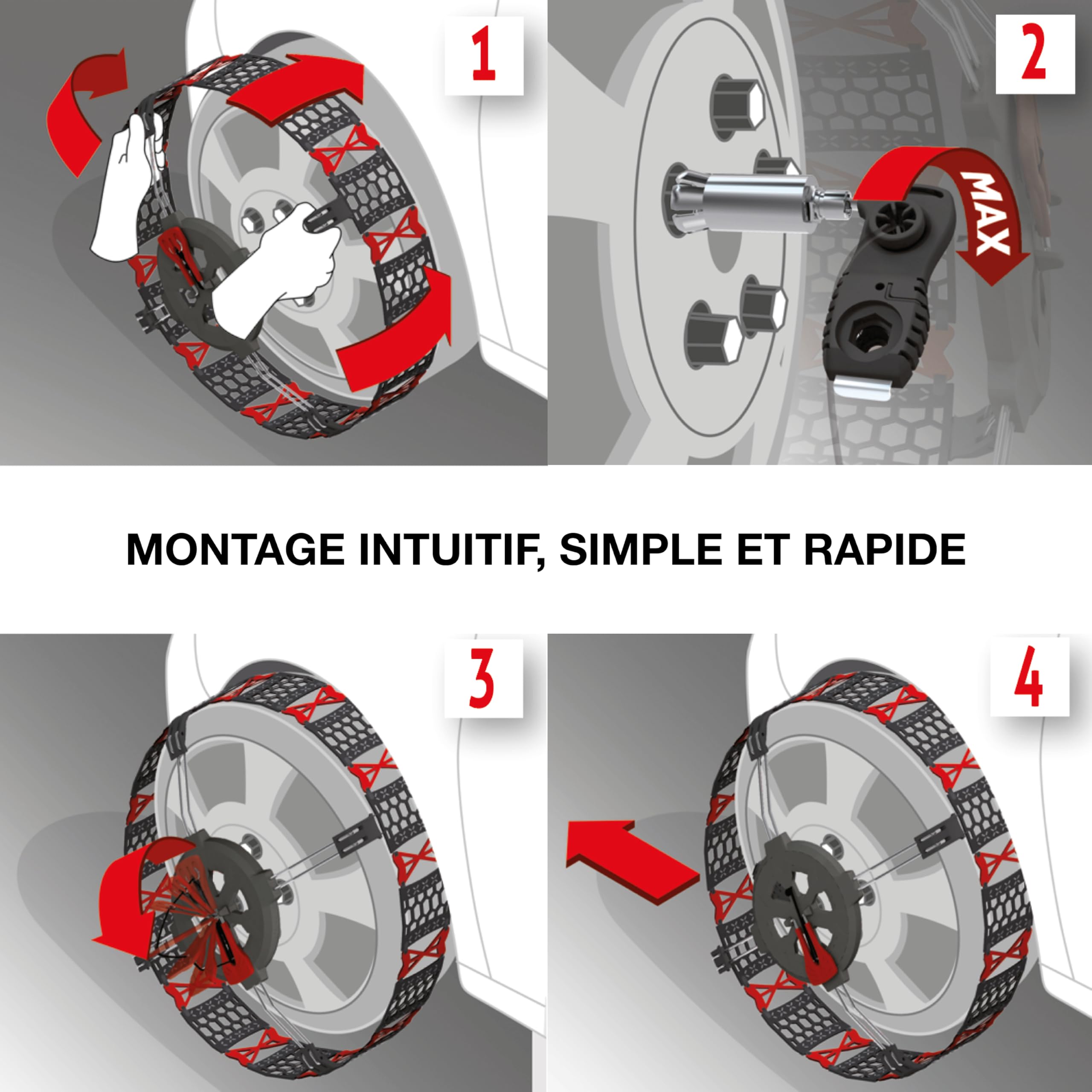 Polaire Grip - Paire de Chaines à Neige Frontales Pour Pneu Auto - Adhérence et Grip d'une Chaine - Sur Neige et Glace - Tension et Montage Rapide et Facile - Tension et Centrage automatiques (120)