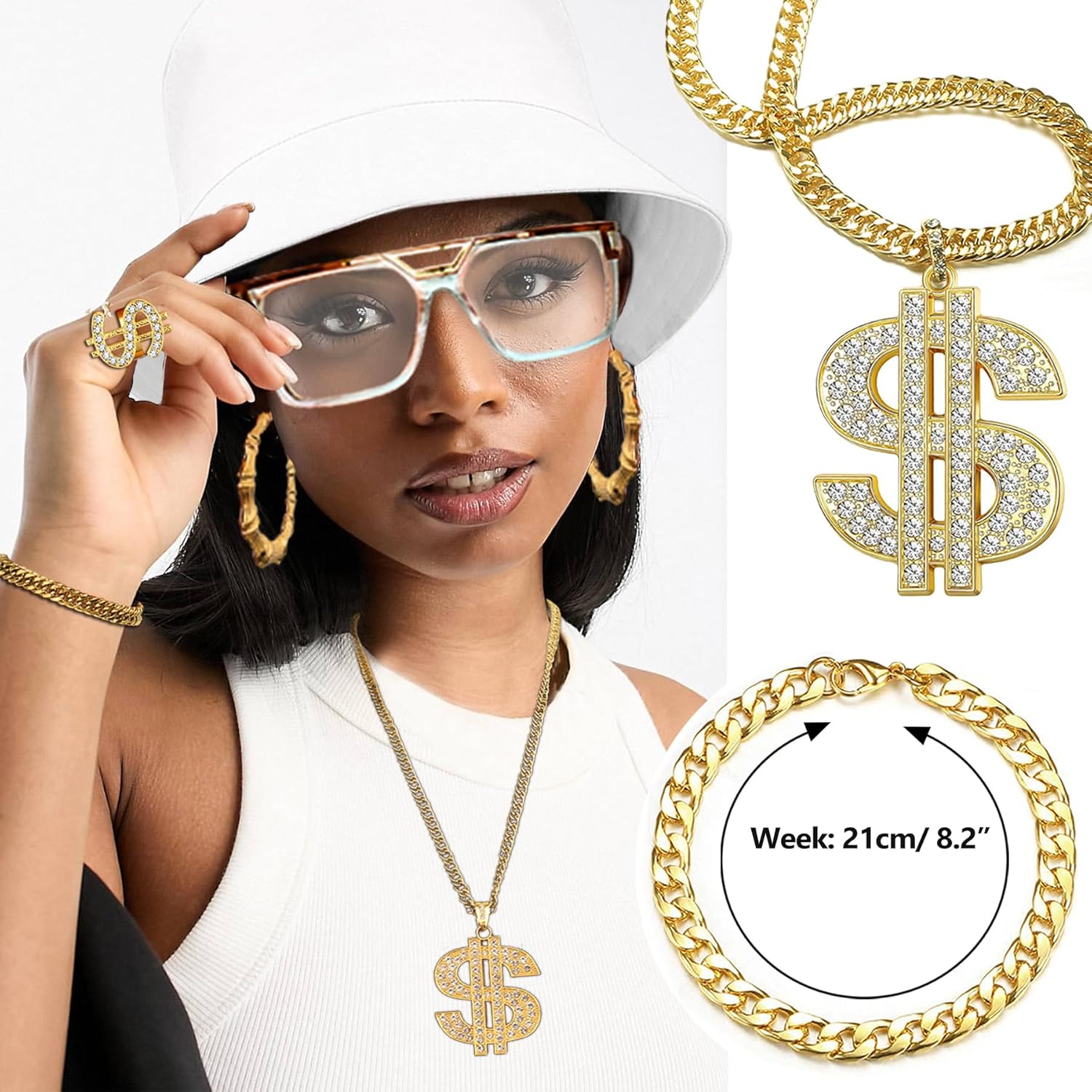 80 90s Accessories Outfit for Woman Hip Hop Costume Kit Old School Rapper Golden Chain Necklaec Big Hoops Jewelry - Image 5