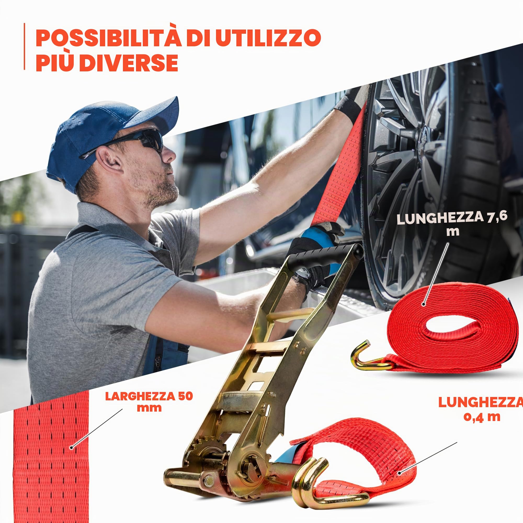 10 cinghie di ancoraggio con cricchetto ergonomico e gancio, 5000 kg, 8 m, 2 pezzi, per camion, TÜV/GS