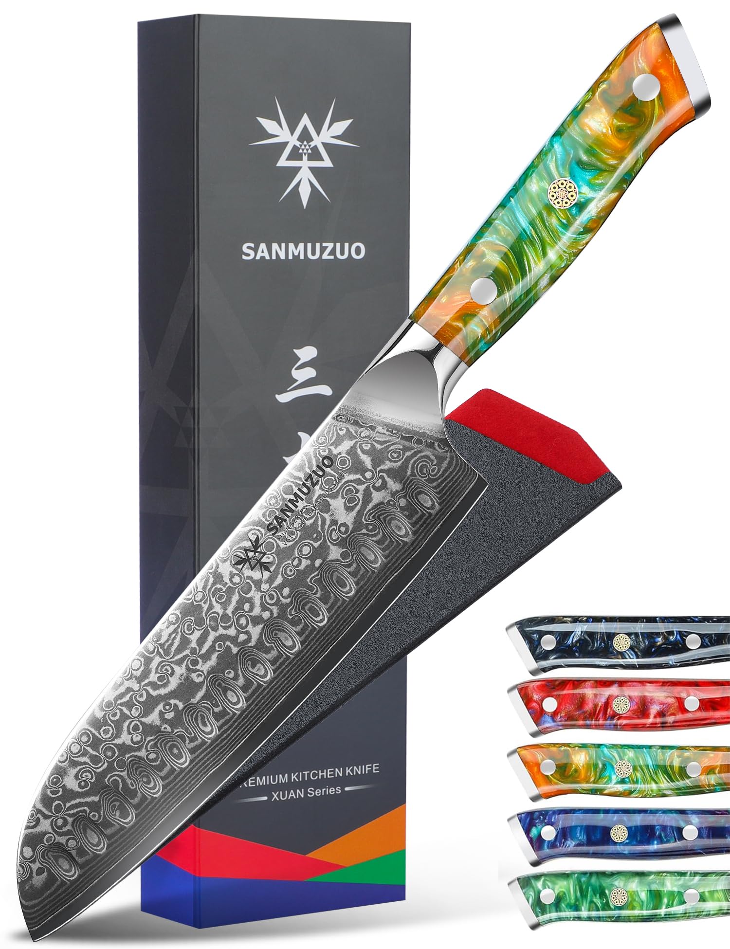 SANMUZUO Damascus Knife 18 cm Santoku Knife - Japanese Chef's Knife - VG 10 Damascus Steel Kitchen Knife with Resin Handle - Xuan Series (Dream Orange)