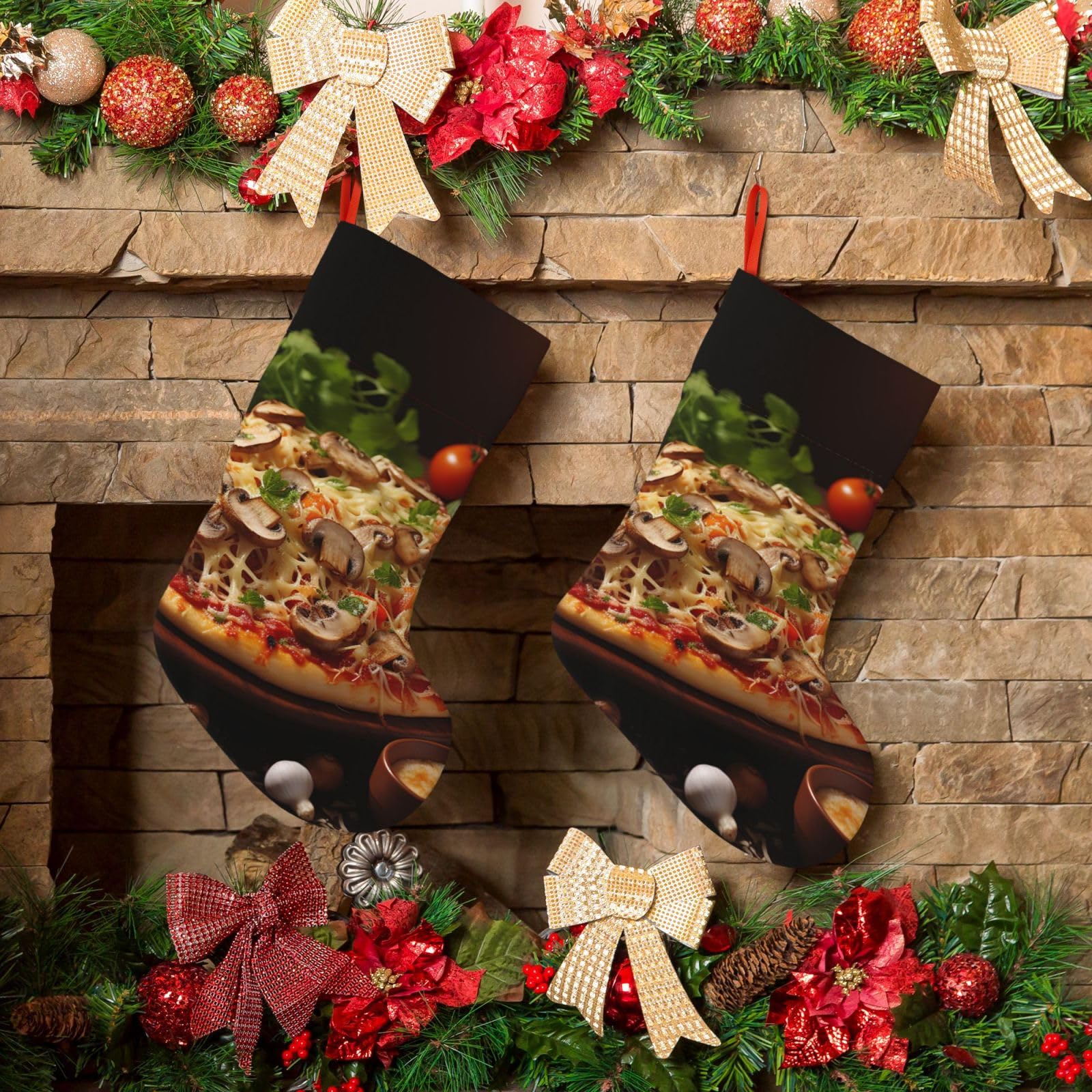KLOPH Christmas Stockings 18" Personalized Xmas Stocking Pizza with Mushrooms Tomatoes Decoration Stockings Hanging Ornaments Fireplace Stocking for Holiday Xmas Tree Christmas Decor