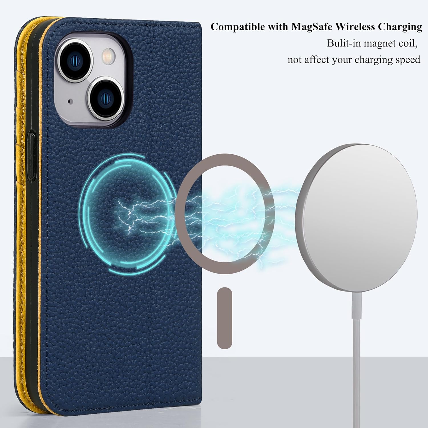VISOUL Pebbled Leather Case for iPhone 15 Plus, Genuine Leather Wallet Case with Card Holder Kickstand Magnetic Flip Cover Designer for iPhone 15 Plus (6.7")(Blue+Yellow)