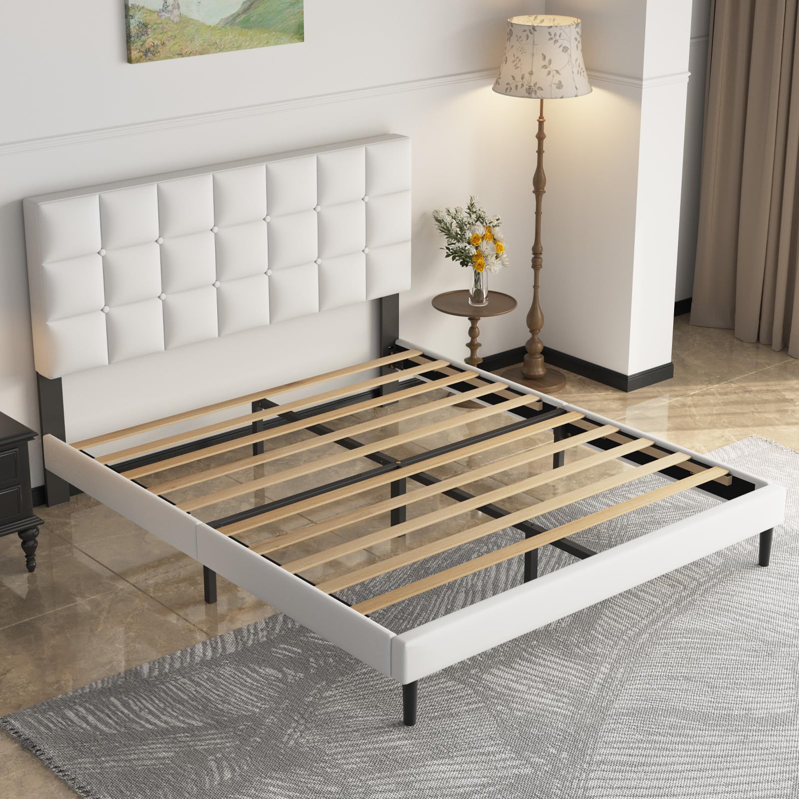 Yocreat Letto imbottito 120 x 200 cm, letto matrimoniale, telaio con testiera e rete a doghe, telaio del letto altezza 30 cm, bianco