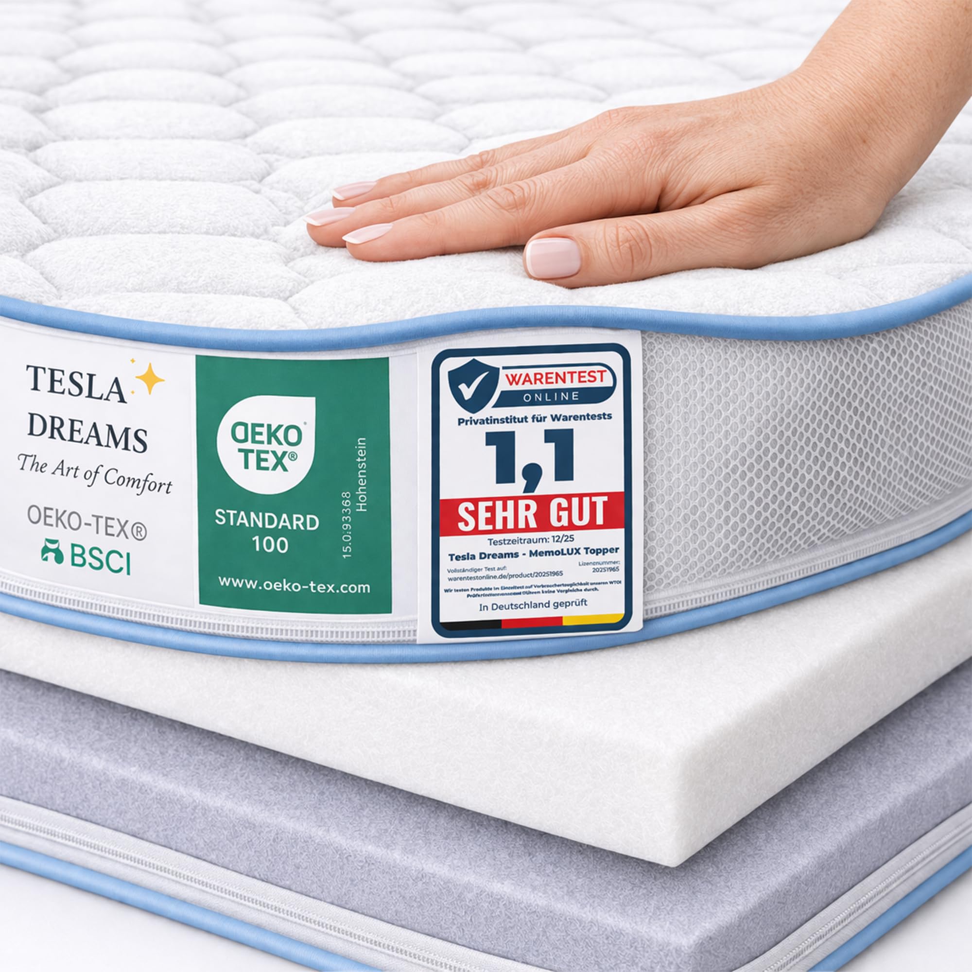 Tesla Dreams Premium Mattress Topper 160 x 200 cm - MemoLUX 12 cm - Memory Foam + Comfort Foam - German Quality - Oeko-Tex Certified - Pressure Relieving & Breathable - Washable Cover