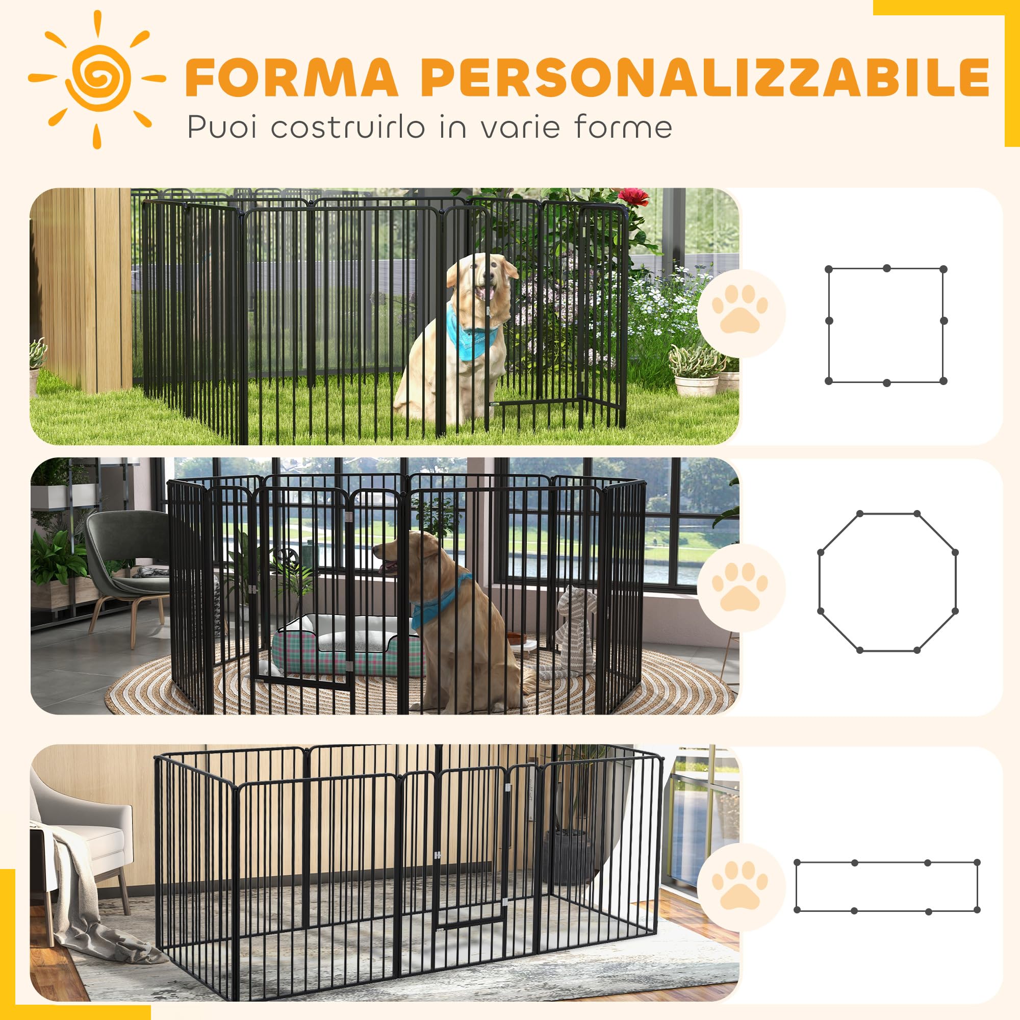 PawHut Box per Cani Taglia Piccola, Media e Grande a 8 Pannelli Modulabili da Interno ed Esterno, Cancello per Cani in Acciaio con 9 Picchetti, 164x164x100 cm, Nero