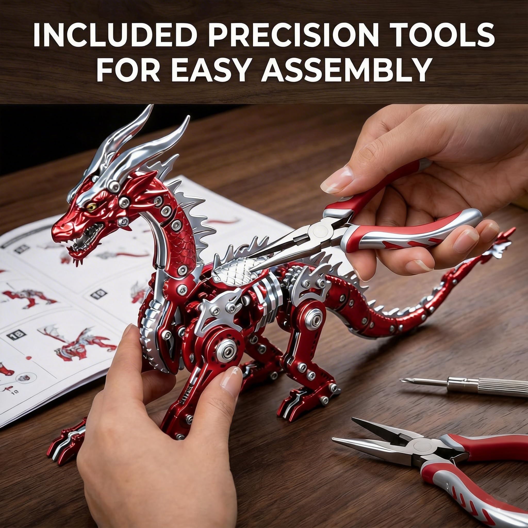 Puzzle 3D dla dorosłych, metalowy dinozaur, zestaw budowlany, kolekcyjne mechaniczne rzemiosło inżynieryjne, dekoracja i prezent (czerwono-zielone)