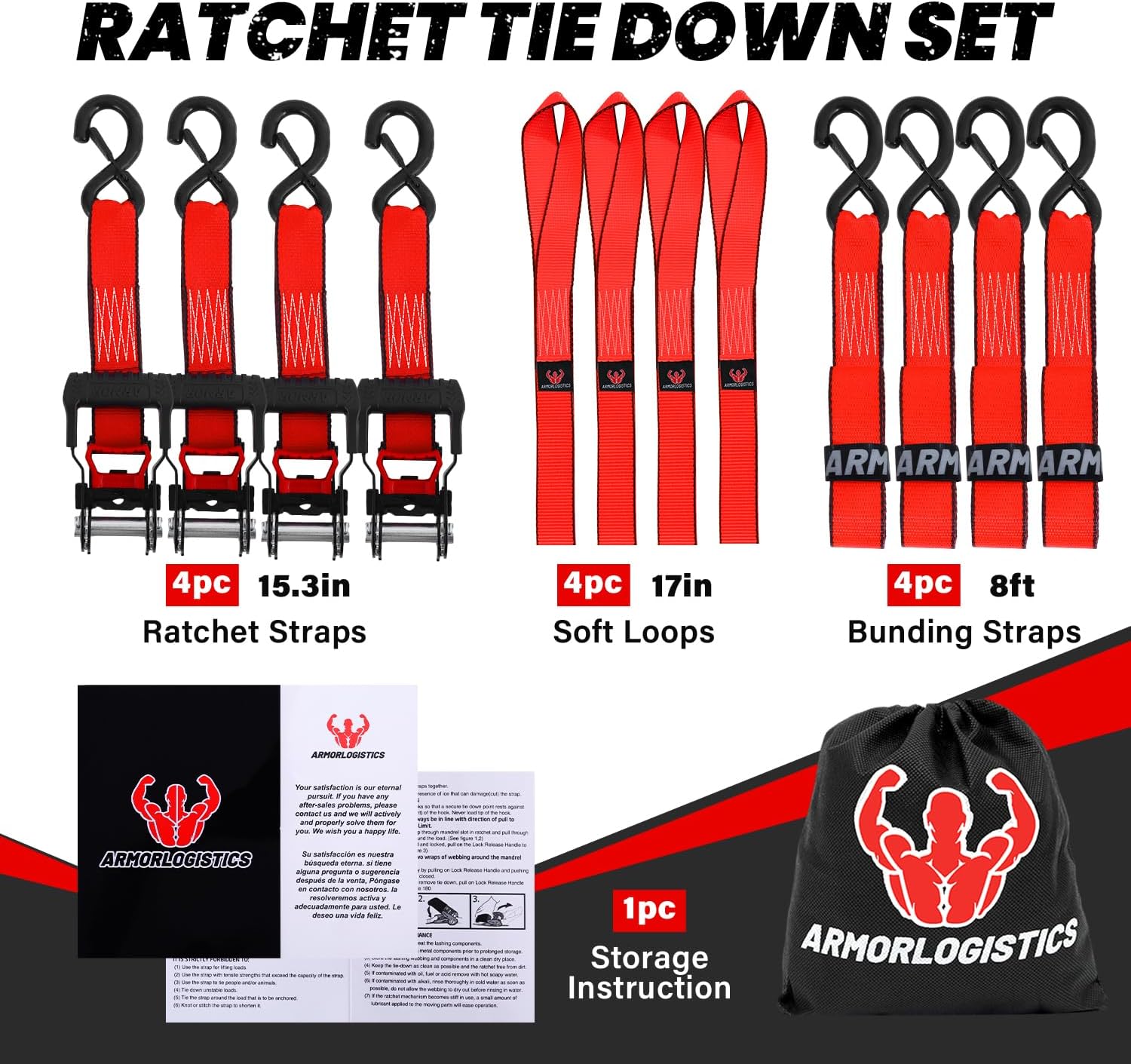 Ratchet Straps Heavy Duty (4 Pack) - 5,250 Break Strength Motorcycle Strap Tie Downs with 15ft Soft Loops -1.5in x 8ft Ratchet Tie Down Straps for Motorcycles, Truck, Cargo -Safety S Hook, Storage Bag - Image 7