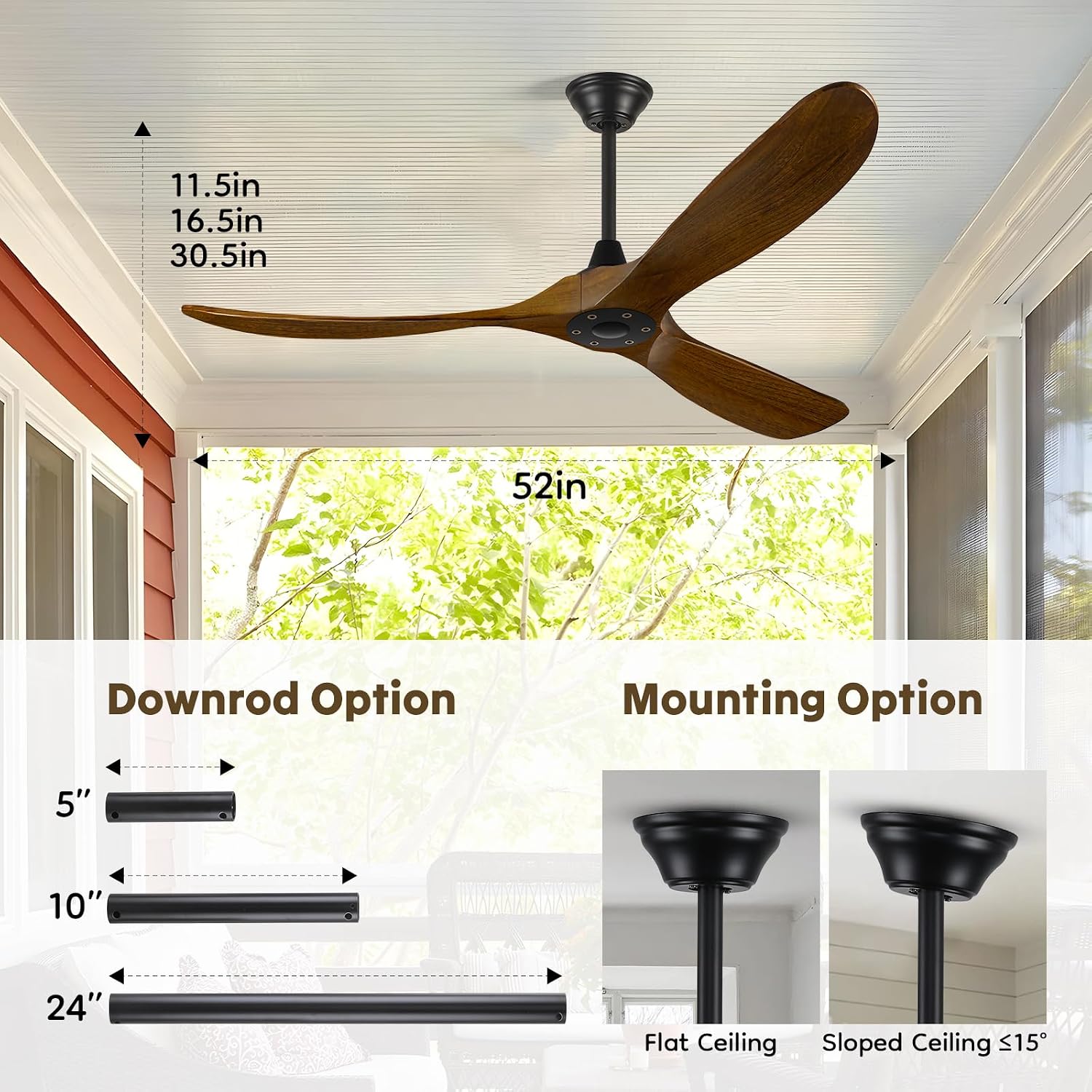 52 Inch Wood Ceiling Fan without Light, Smart Ceiling Fan with APP/Voice/Remote, 3 Blades Indoor Outdoor Ceiling Fans for Patios Porch Gazebo Living Room High cfm Quiet DC Motor