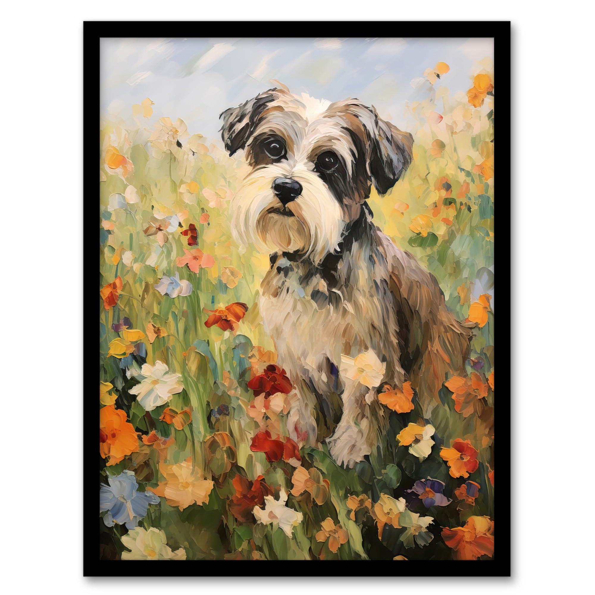 Artery8 Shih Tzu In Wildflower Field Claude Monet Style Dog Oil Painting Artwork Framed Wall Art Print A4