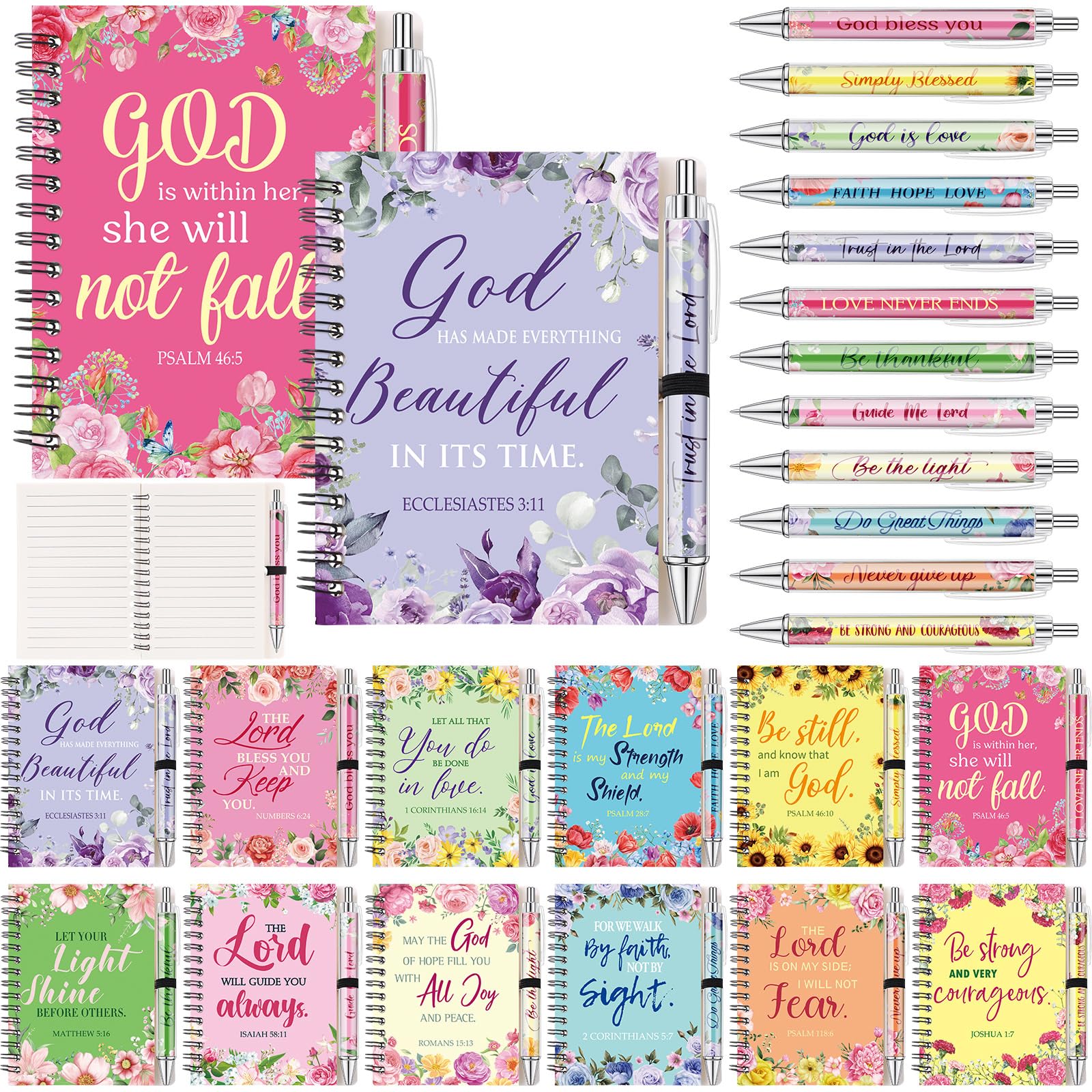 Colarr 12 Sets Christian Notebooks Bulk Christian Gifts for Women Pen and Notebook Gift Set Flowers Religious Prayer Journal for Woman Church Scripture Note Books with Bible Verse Pens