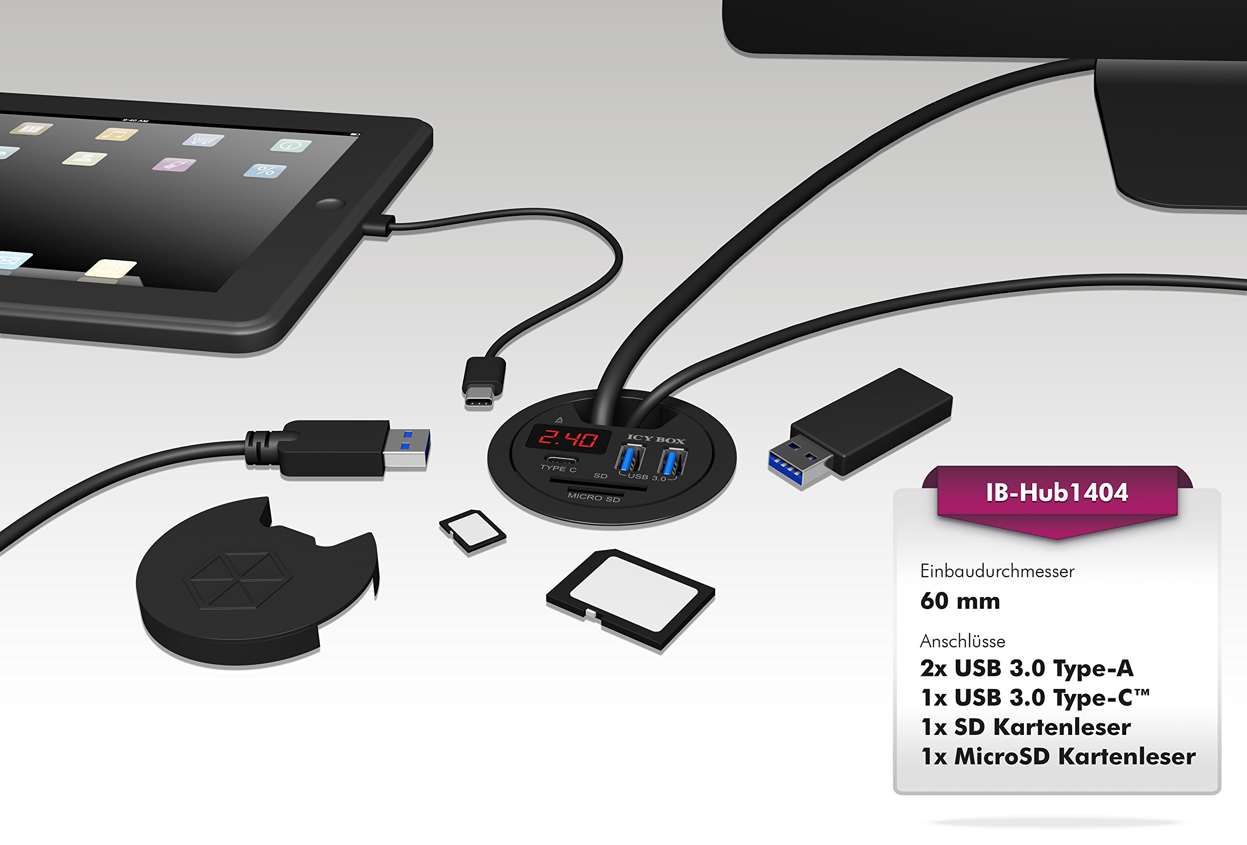 ICY Box IB-HUB1404 Hub USB Noir 60 mm