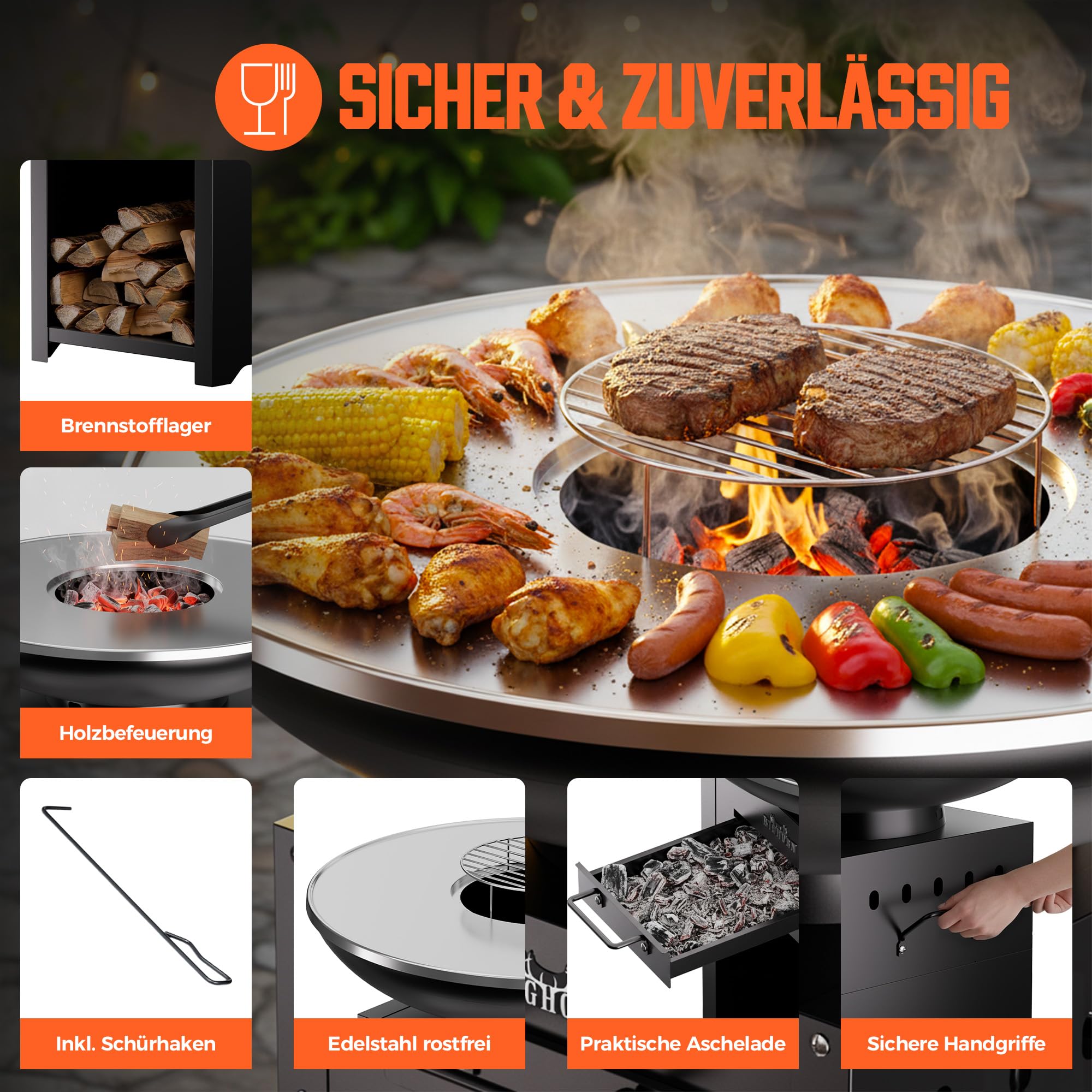 Big Horn Outdoors Plancha Grill, Feuerschale aus Edelstahl mit Teppanyaki 60 cm, Grillplatte, Küche im Freien, Gartenparty, Camping, Kochen im Freien