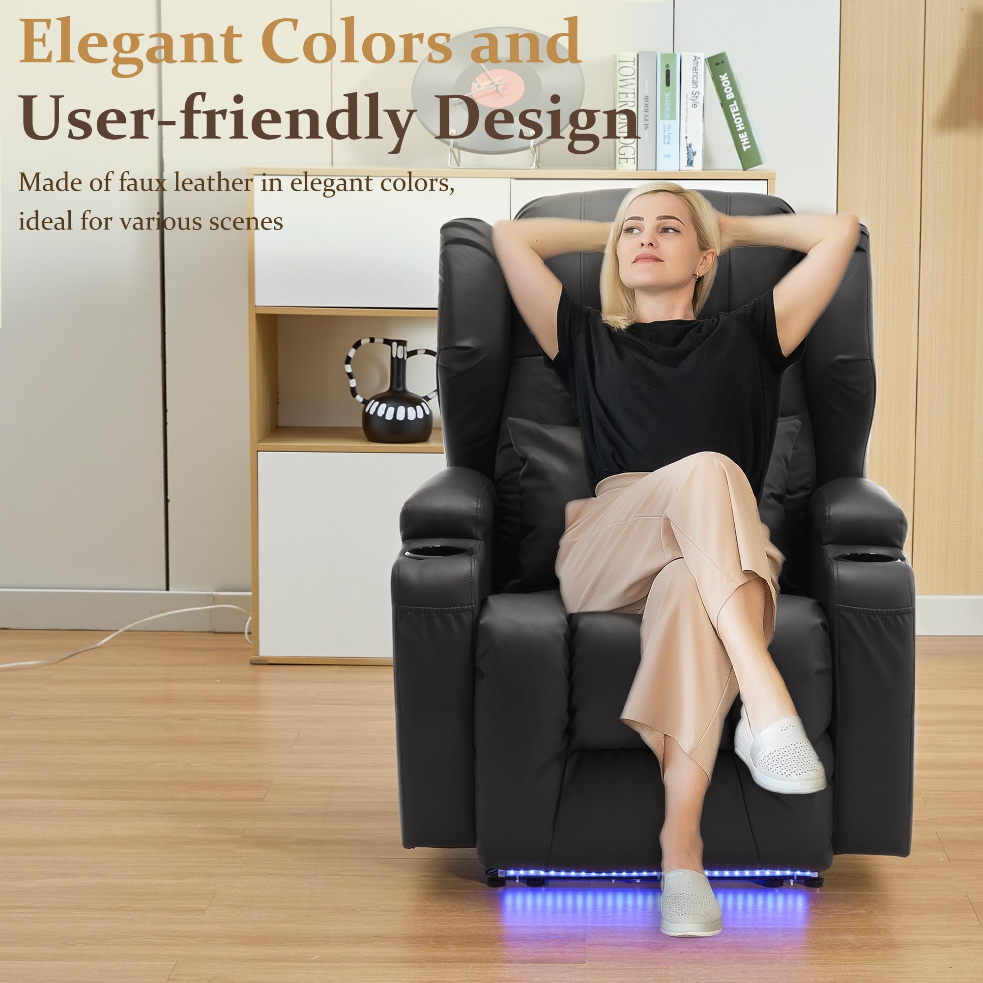 Elektrischer Relaxsessel mit Liegefunktion, TV Sessel mit Heizung & Vibrierende Massage, Lederimitat Heimkinositze mit LED Streifen für Wohnzimmer, USB-Anschl¨¹sse, bis 150 kg (Schwarz)