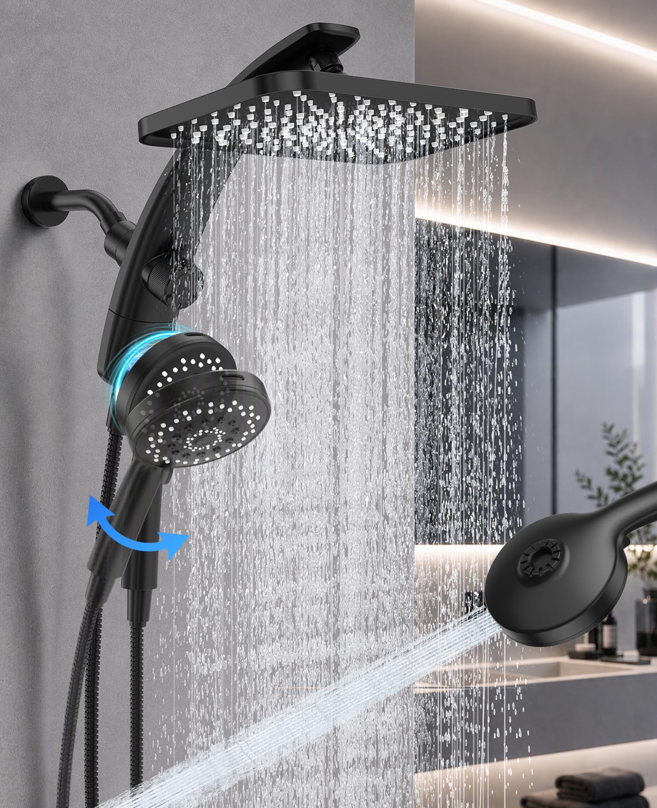 Veken 12" Rain Shower Head with Handheld,High Pressure Power Wash,Magnetic | Dual Shower Heads Combo,8-Mode Hand Held Spray with Hose,Double Detachable Rainfall Showerhead,Best Matte Black Shower Syst