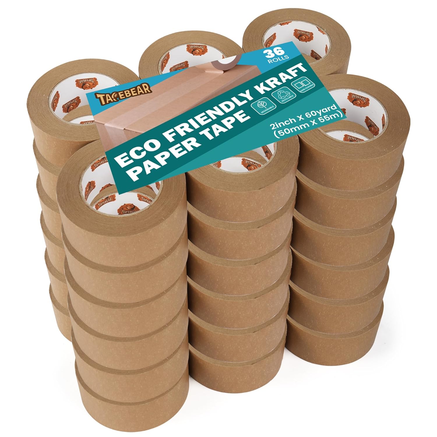 TAPEBEAR Eco-Friendly Kraft Paper Tape, Biodegradable Kraft Paper Tape, Recyclable Writable Packing Tape, Non-Coated Surface for Masking, Sealing, and Packaging Use, 2inch x 60yards, 36Rolls