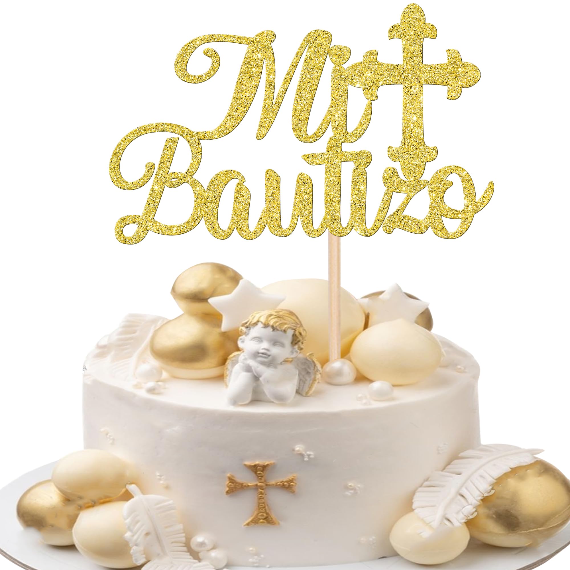 1 Pack Spanish Mi Bautizo Cake Topper with Glitter Cross Holy First Communion Baptism Cake Toppers Picks Religious God Bless Baptism Theme Baby Shower 1st Birthday Party Decorations Supplies Gold