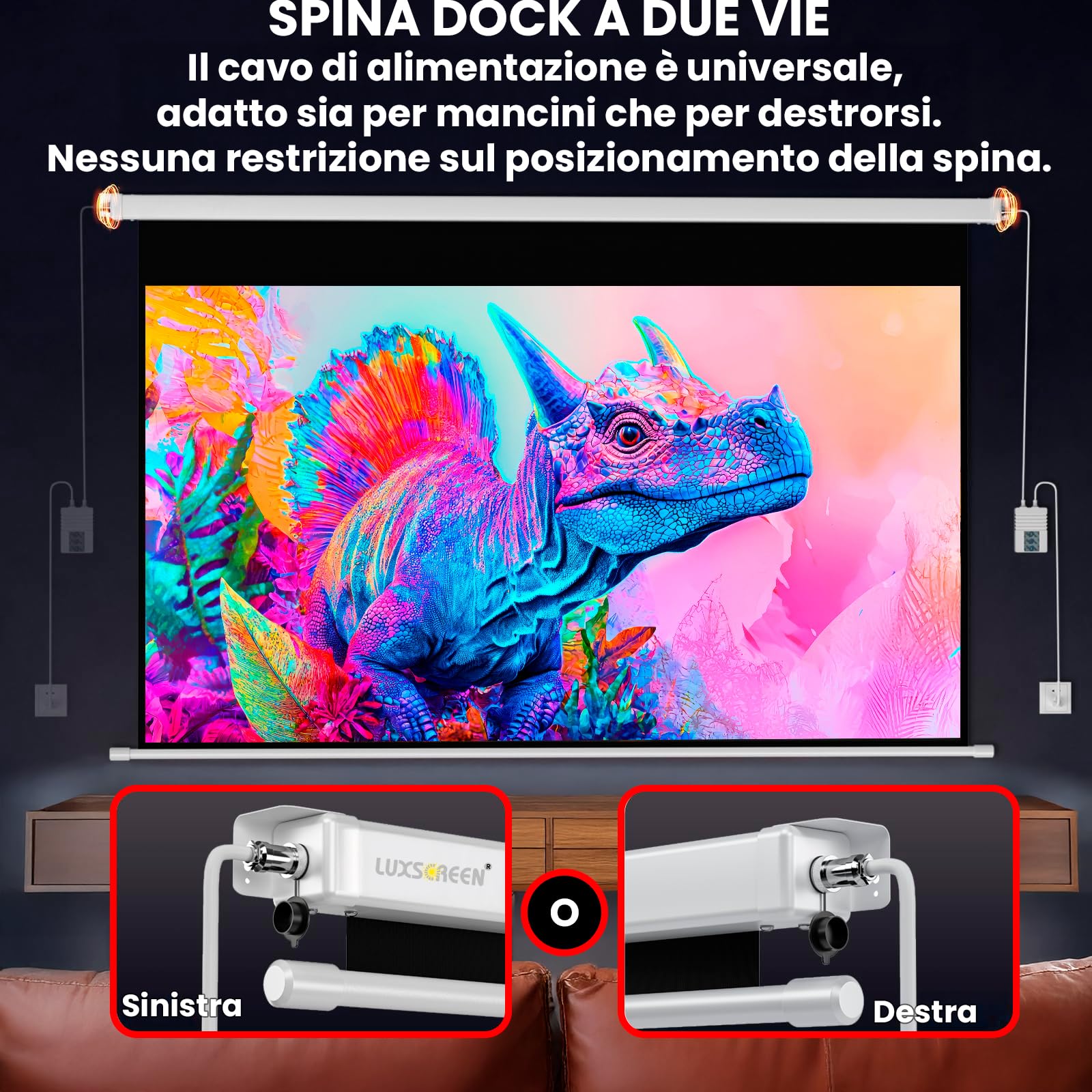 Schermo proiettore elettrico 100 pollici 16:9 Luxscreen, area visibile 221 x 124 cm, spazio di installazione 250 cm, installazione a parete o a soffitto, con telecomando