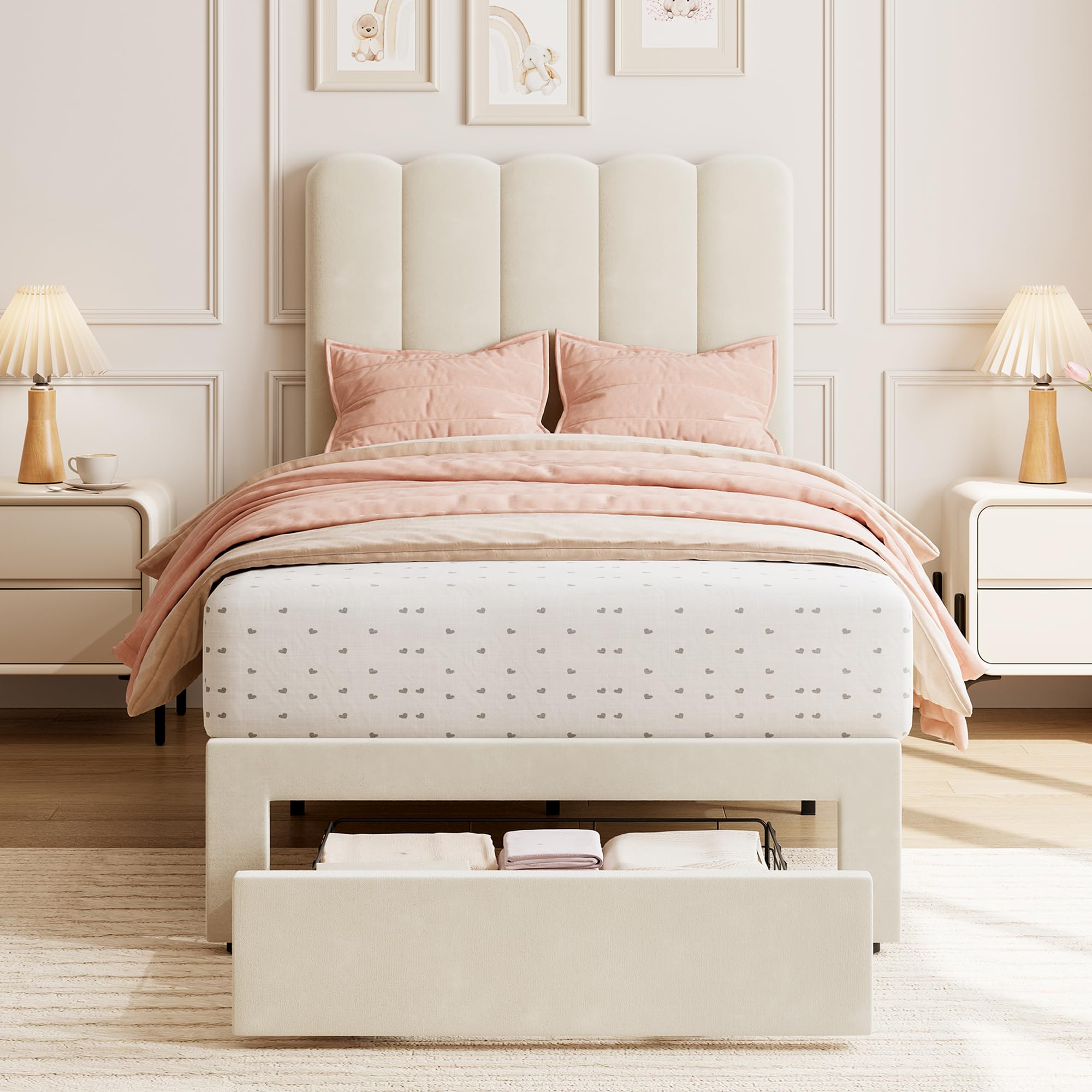 GarveeHome Twin Bed Frame with Under-Bed Drawer