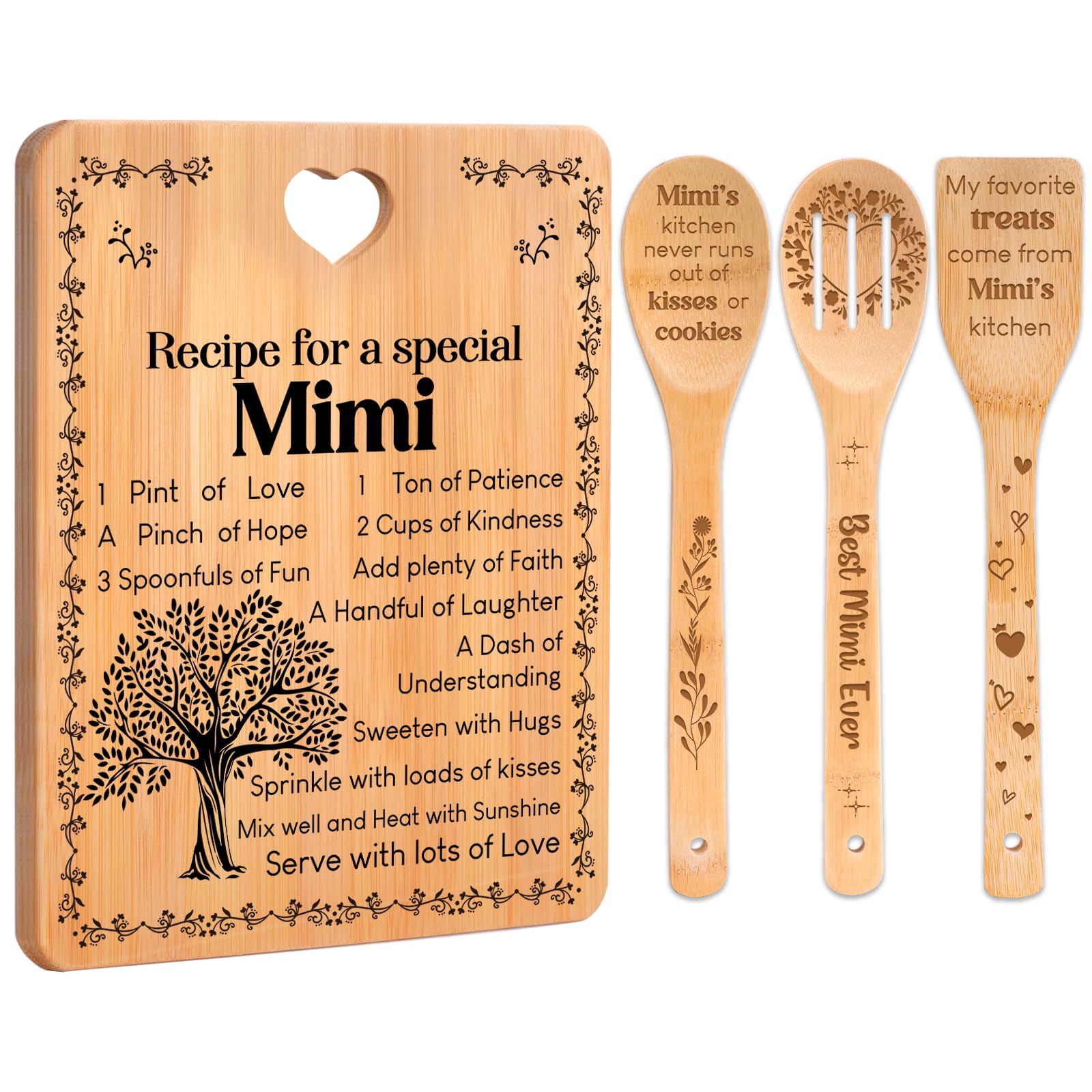 Mimi Gifts - "Recipe for a Special Mimi" Gift for Mimi Cutting Board Set, Bamboo-Made Engraved Utensil Set Best Mimi Ever Presents Cutting Board, Mothers Day Gifts for Mimi.