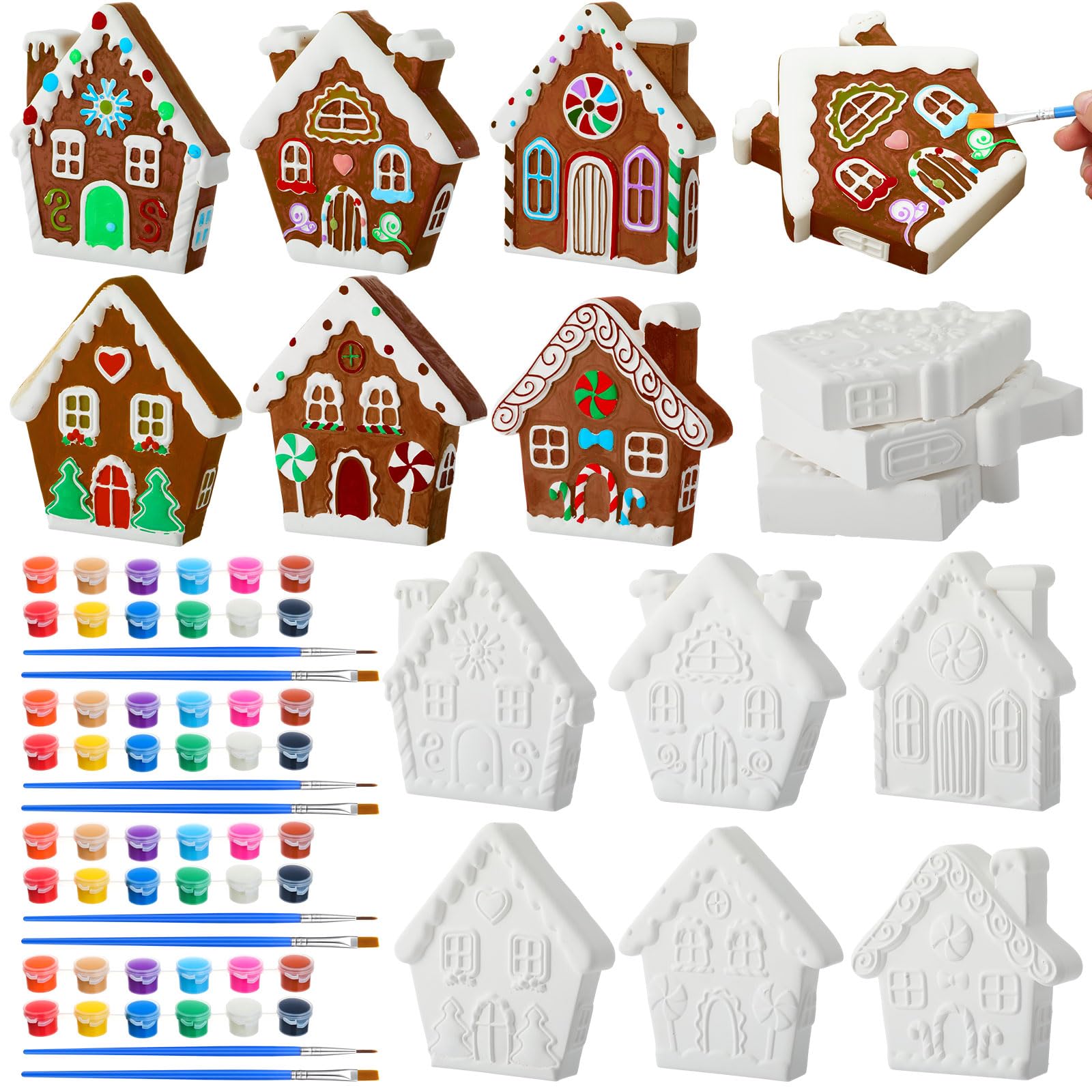 Vertintong 12pcs Ceramic Christmas Gingerbread Village House to Paint Craft Kits, Xmas Paintable Ceramics Plaster Crafts with Paint Brushes for Xmas Party Art Project DIY Tabletop Decoration