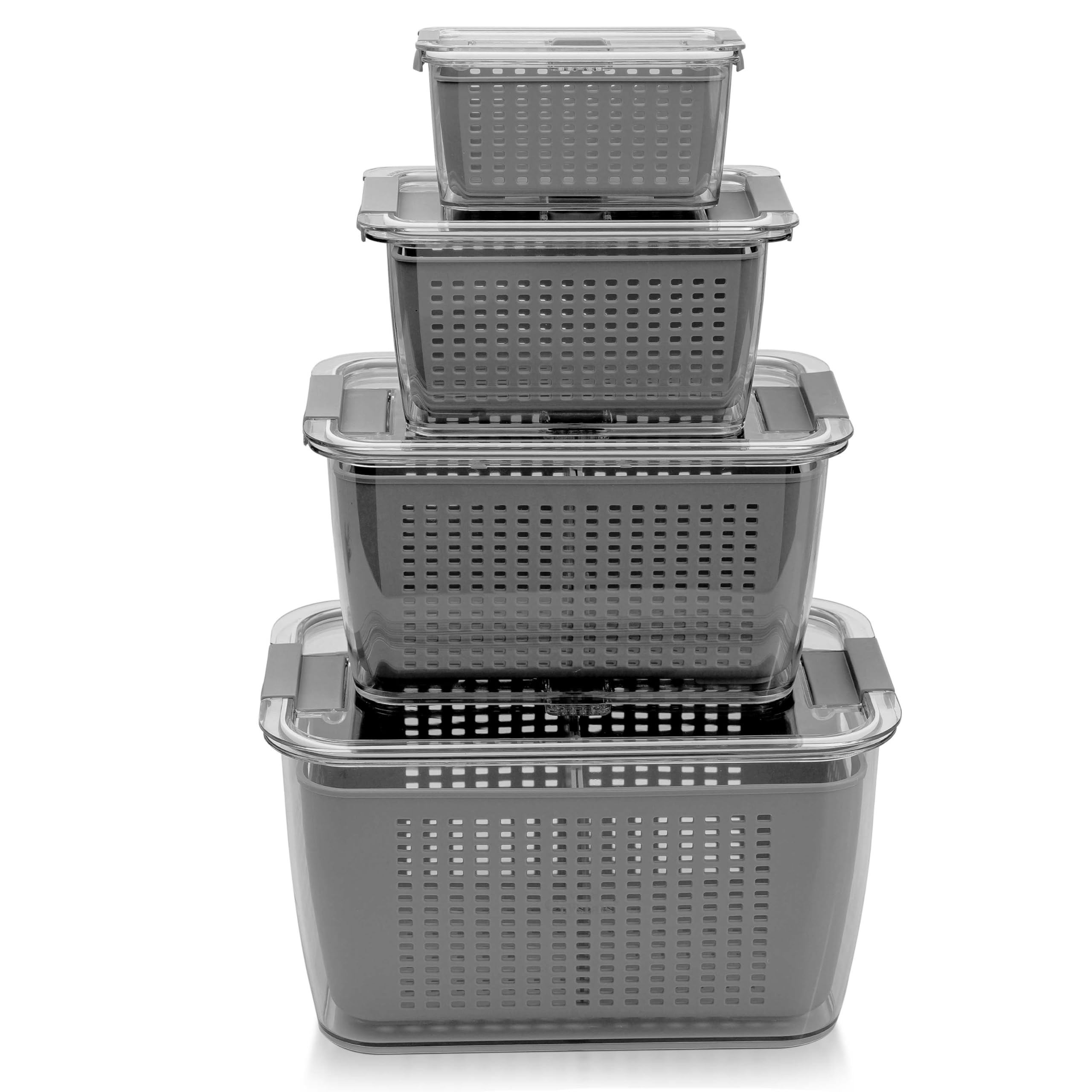 Crystals Grey Fridge Organiser Storage Box Set Of 4 – Stackable, Bpa-Free Transparent Containers With Drain Tray & Air Vents For Kitchen, Pantry & Refrigerator (Grey)
