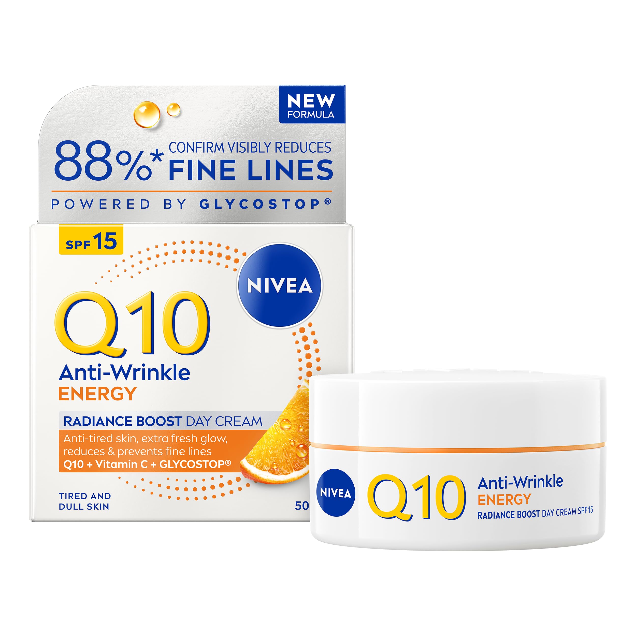 NIVEA Q10 Anti-Wrinkle Energy Radiance Boost Day Cream SPF 15 (50ml), Fast absorbing Anti-Wrinkle Moisturiser with Vitamin C (Packing may vary)