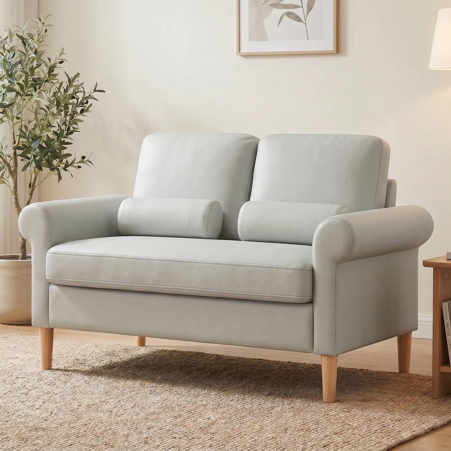 Hroth 2 Seater Sofa, Faux Leather, Lumbar Cushions, Wood Legs, Light Grey