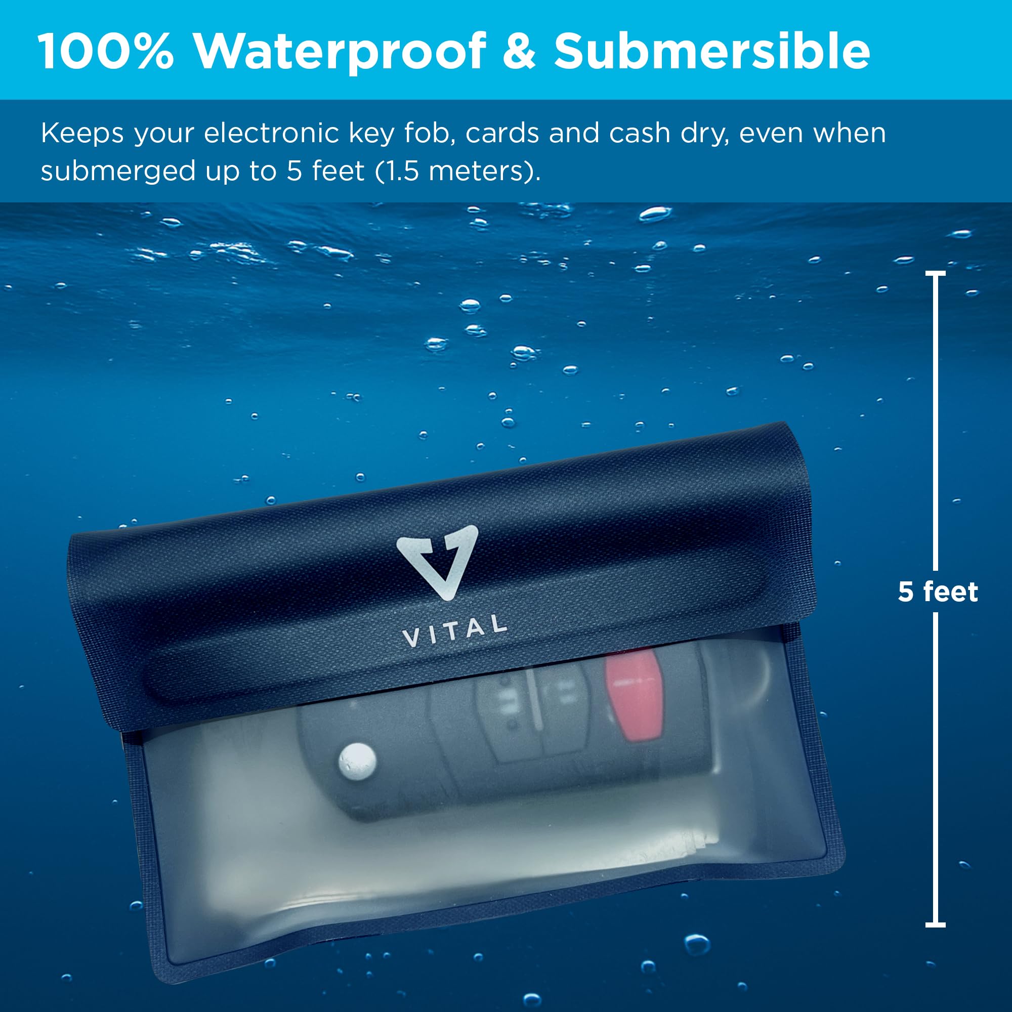 VITAL Waterproof Wallet Key Holder Pouch for Swimming & Surfing - Water & Rain Proof Car Key Fob Case - Small Dry Bag with Adjustable Wrist Ankle Strap