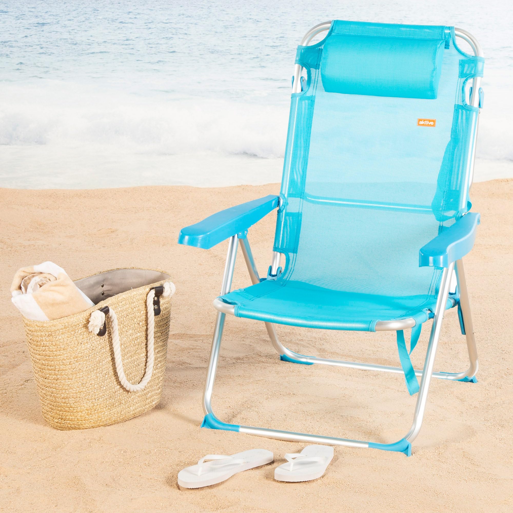 AKTIVE Silla de Playa Plegable Alta, Azul, Mide 48x60x90 cm, Multiposición, 8 Posiciones, Textileno y Aluminio, Peso soportado 110 kg, Asa Transporte, Sillas Acolchadas (62690)