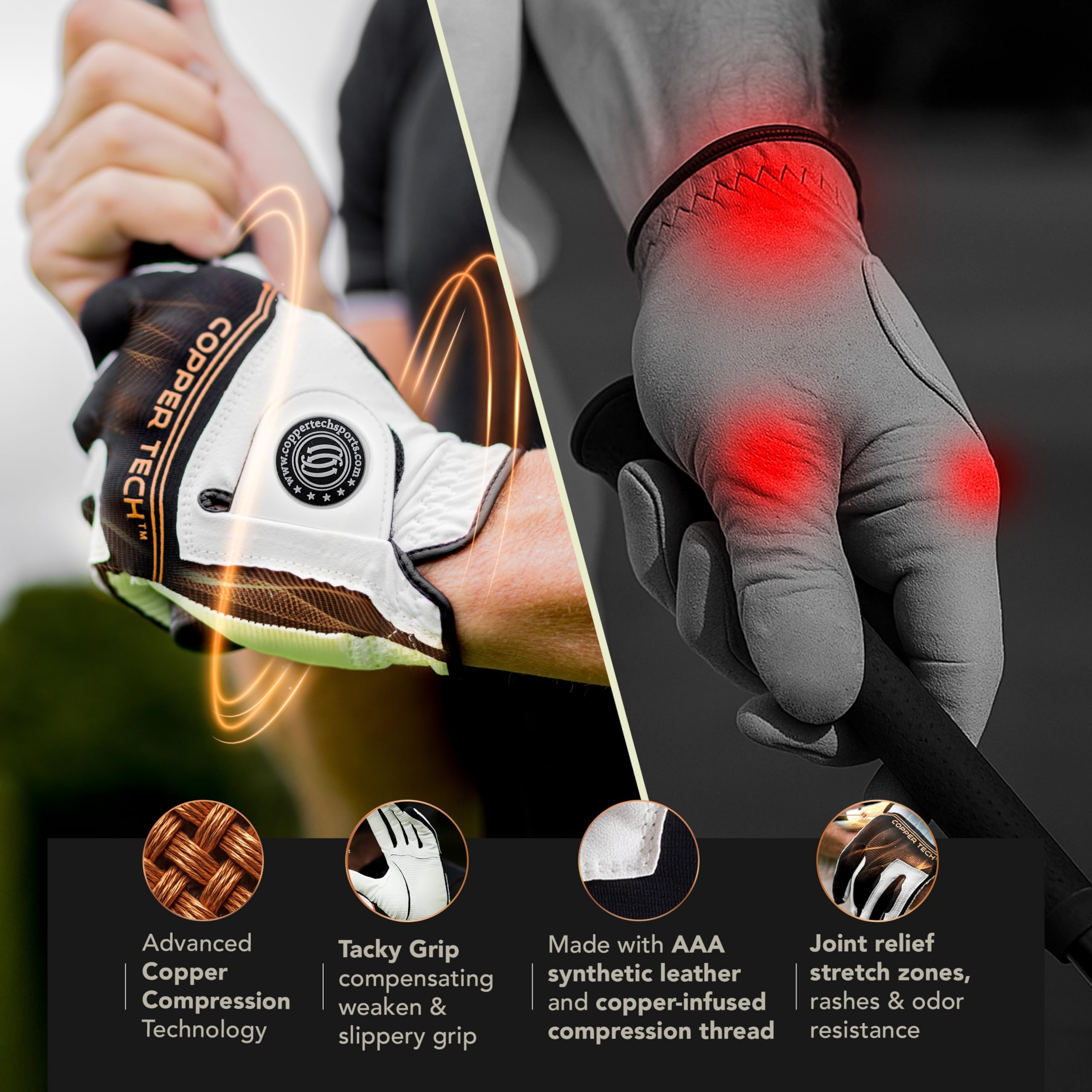 Copper Tech Damen Golfhandschuhe für Rechts- oder Linkshänder, Kupfer-Kompressionsgelenkstütze mit Flexibler und bequemer Passform, AAA Leder und klebrigem Silikon-Pad, 2 Stück