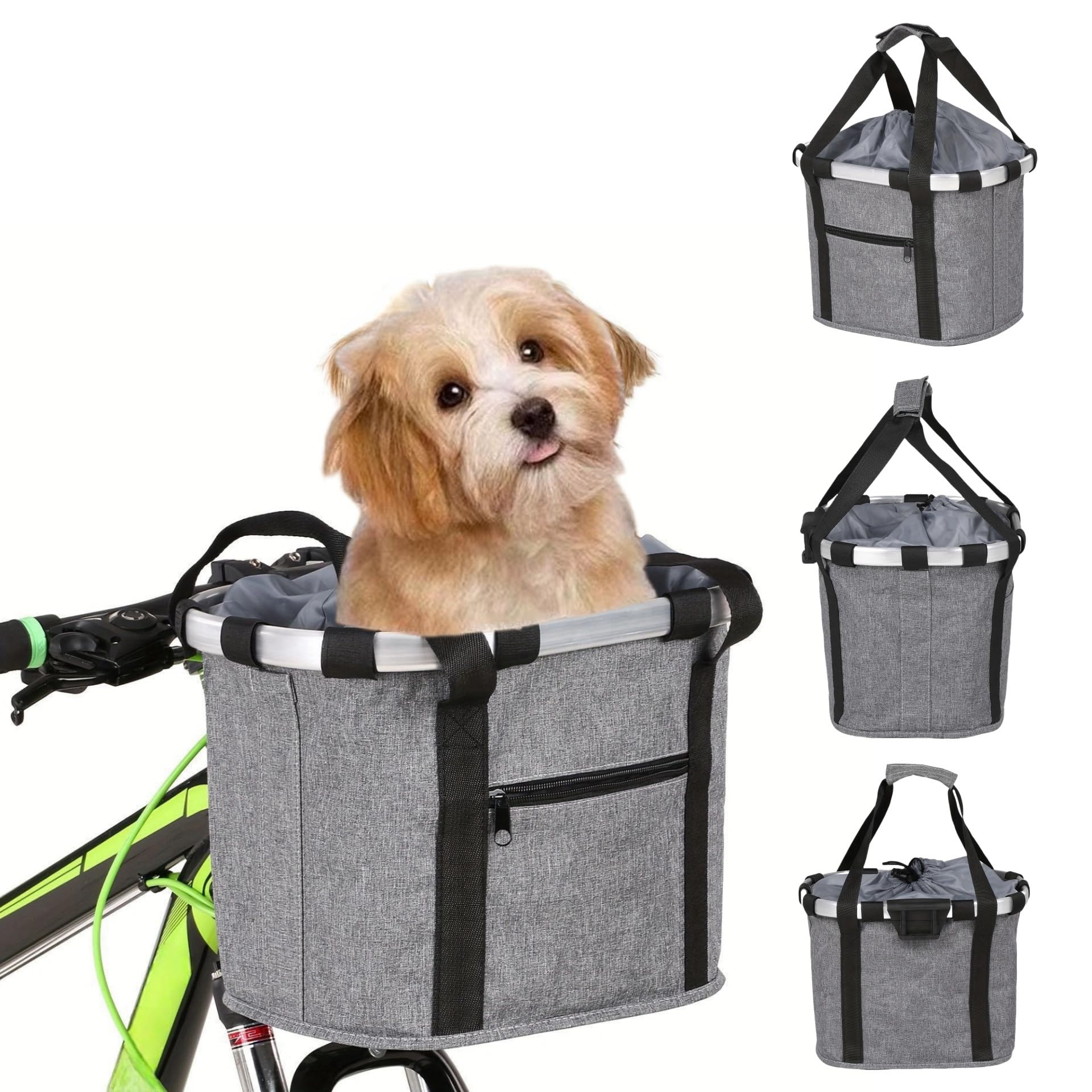 NOVOLAN Bicycle Pet Basket, Folding Front Bike Basket for Dogs and Cats, Oxford Fabric with Aluminum Frame, Portable Pet Carrier for Mountain Bikes and Folding Bikes 36x26x24cm, Front Zipper Pocket