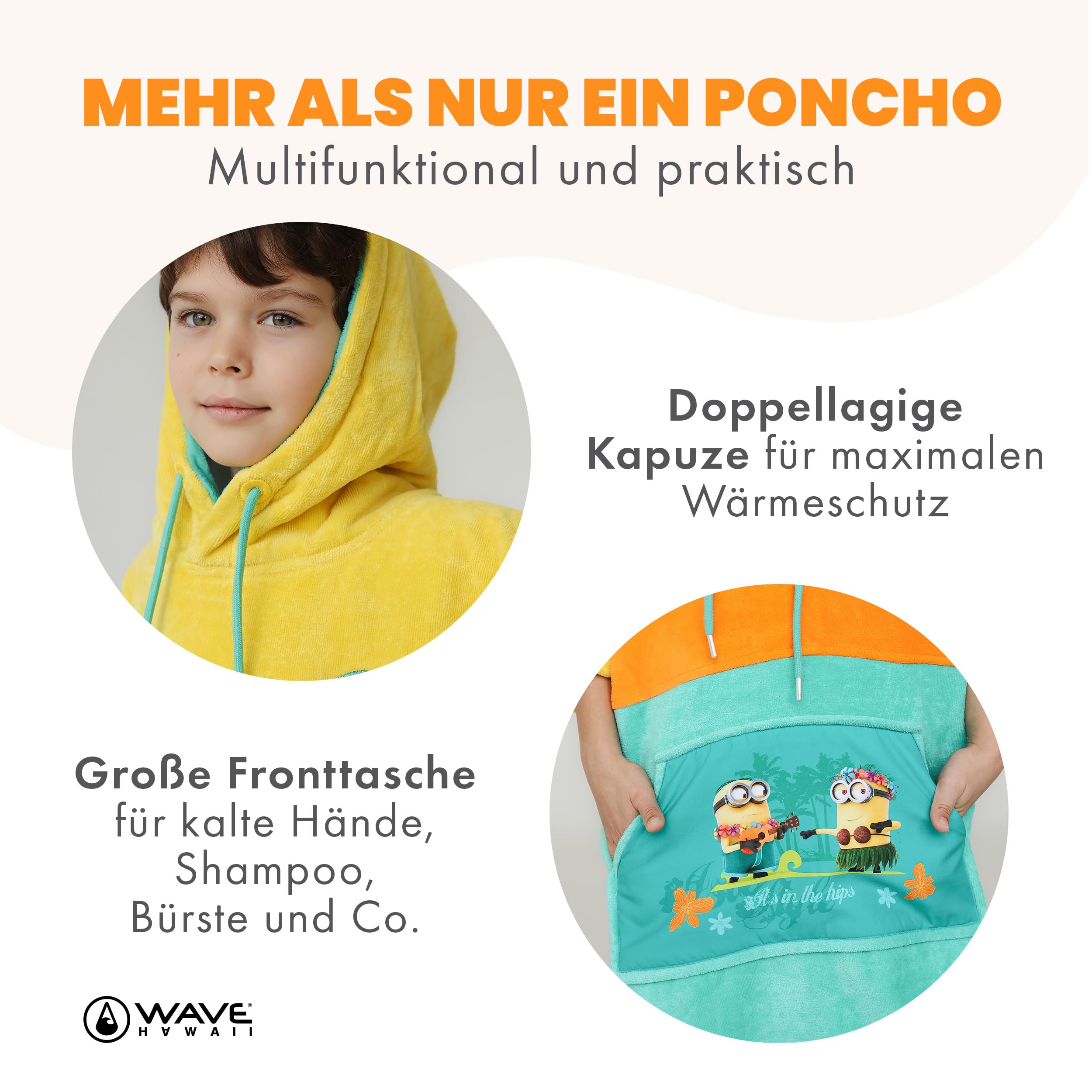 WAVE HAWAII Badeponcho mit lizensierten Minions-Motiv, Größe S, aus natürlicher Baumwolle, Strand & Surf Poncho mit Kapuze – Kuscheliges Handtuch für zu Hause, Freizeitbad