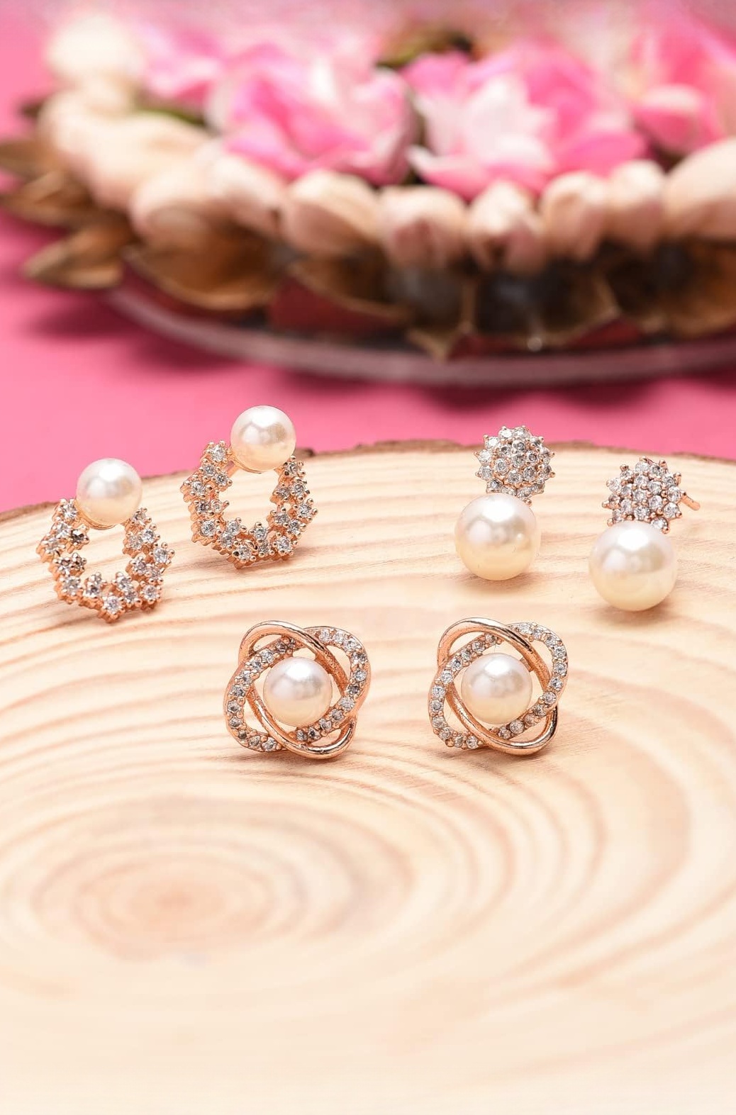 Combo of 3 Cubic Zirconia & Pearls Contemporary Stud Earrings For Women-ZPFK10381