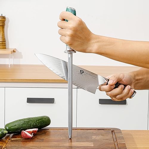 Miniatura 6 de WILDMOK Varilla de acero para afilar cuchillos de acero de 9 pulgadas, barra de afilador de cuchillos de acero al carbono premium, fácil de usar