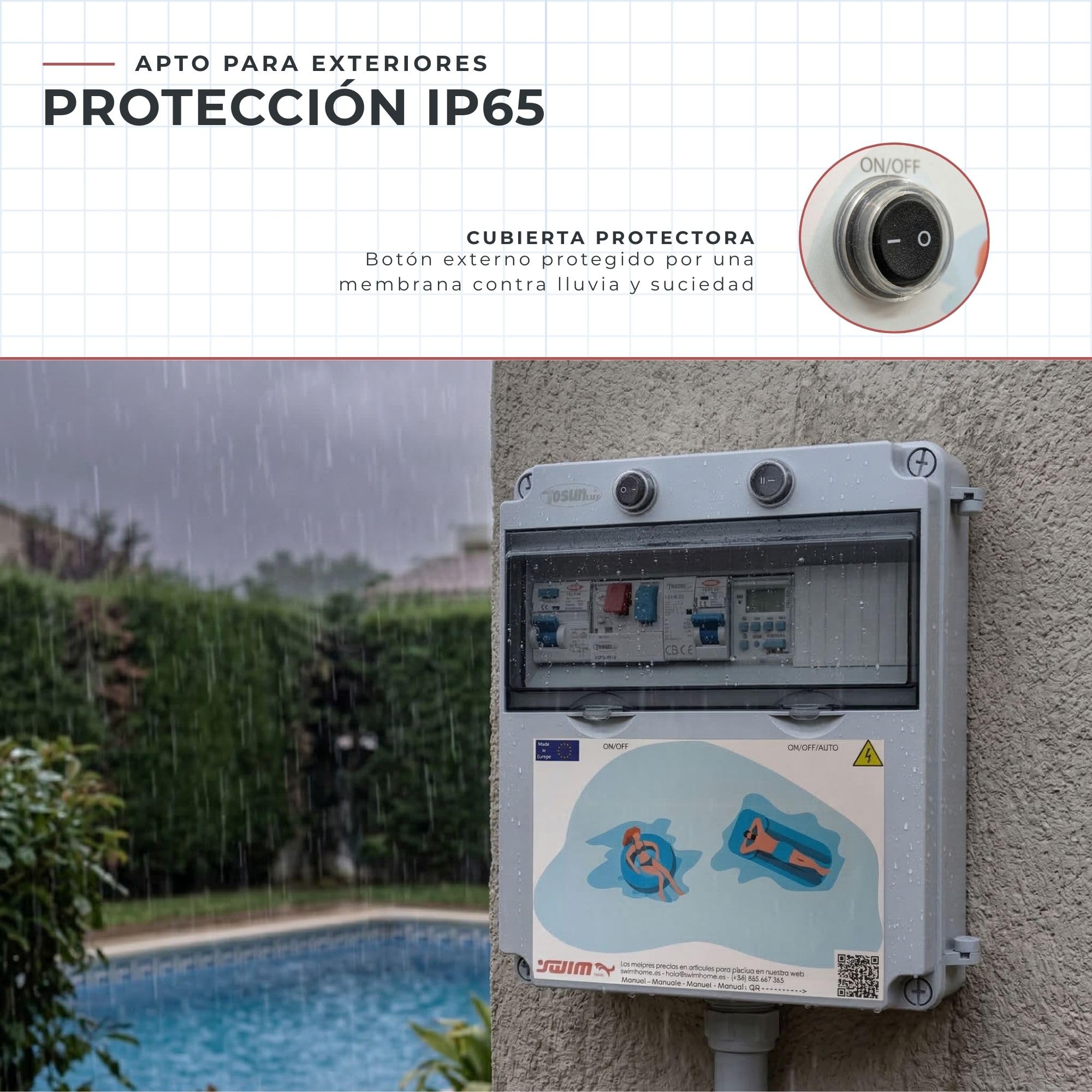 SWIMHOME Cuadro Eléctrico Piscina 2CV, Contactor Clorador, Transformador 150W 12V DC, Control RGB, Mando, Gris