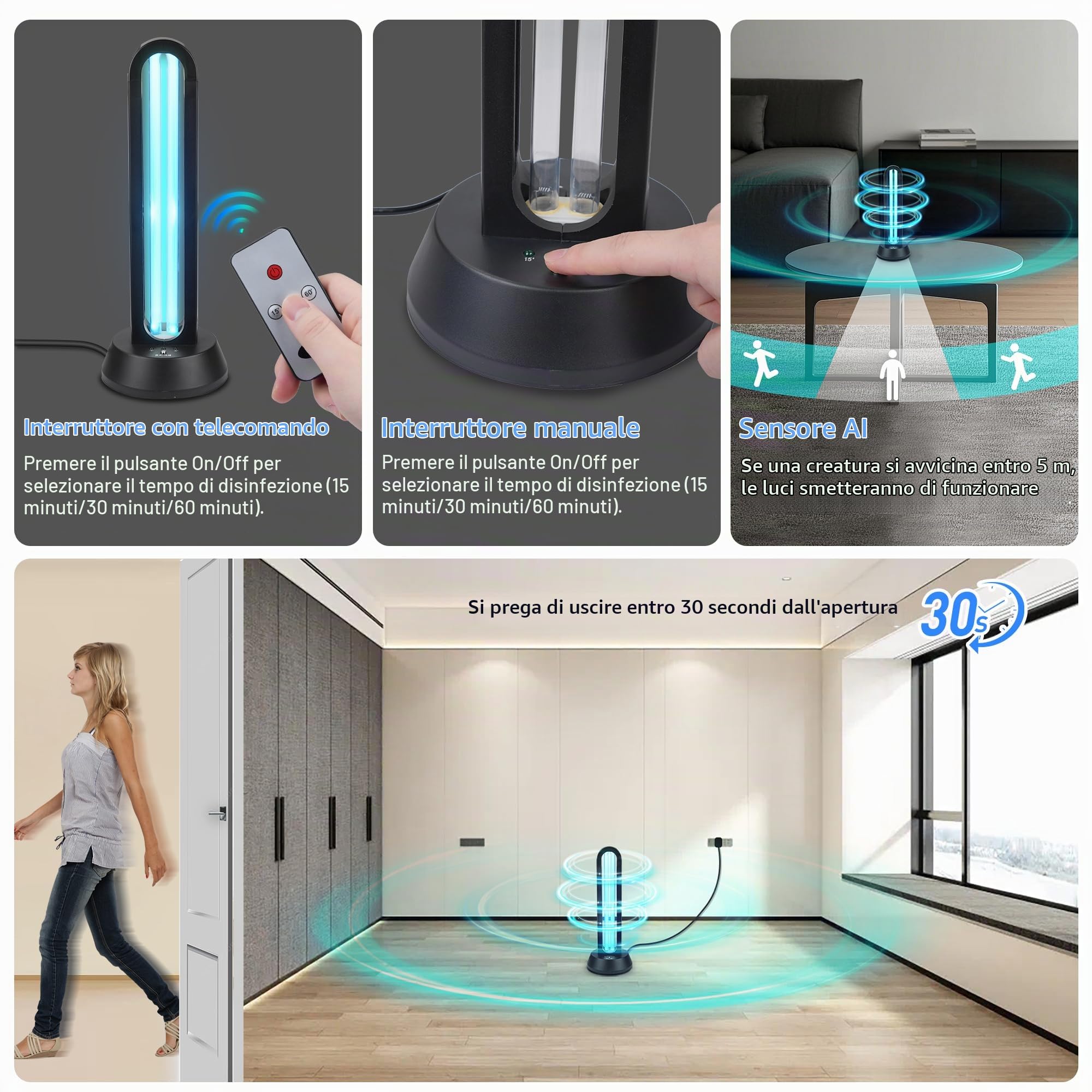 HYLR Lampada Germicida UVC ，Telecontrollo lampada UV di disinfezione, Lampada Germicida Sterilizzatore UV, Timer 15/30/60 minuti, Potenza 38 Watt Uccide 99.9% di Batteri Virus Muffa