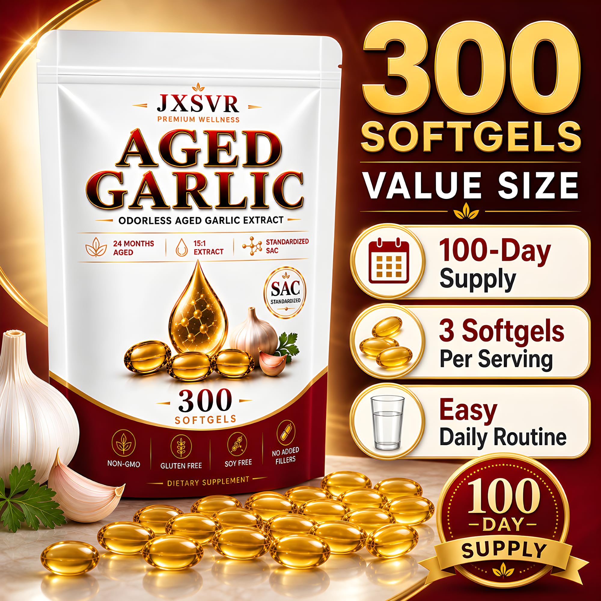 Pure Aged Odorless Garlic Extract Softgels, Aged Garlic Supplements, 24-Month Naturally Aged with Standardized SAC, Heart Health, Immune & Antioxidant Support, 300 Count (2) — Amazon image 8